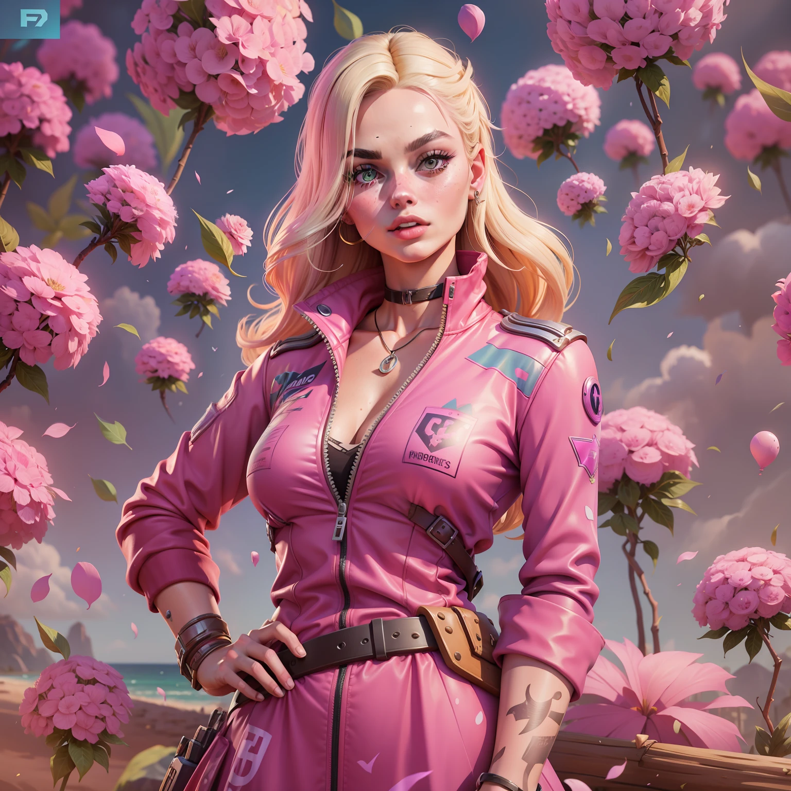 Margot Robbie as Barbie in the Fortnite Game Aesthetics, verstindo um vestido rosa com renda e babadinhos, sapatos de salto alto, segurando uma picareta rosa e uma pistola amarela, peitos pequenos, No hypersexualization, splash art oficial da barbie no fortnite, mapa do jogo fortnite como fundo.