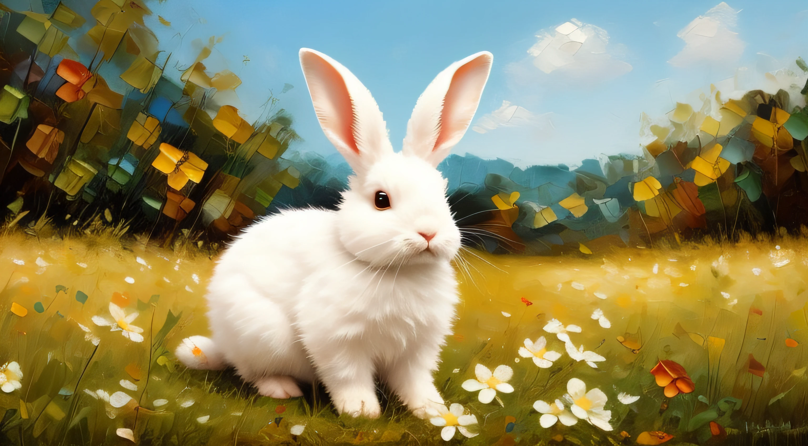 Adorable fluffy rabbit with big ears, sitting on the meadow, blue sky and lush summer forest background, super cute white bunny, hyper detailed, 32k resolution, oil on canvas, oil painting, highest quality, bright, sunny, colorful, summer day, ethereal, wall paper