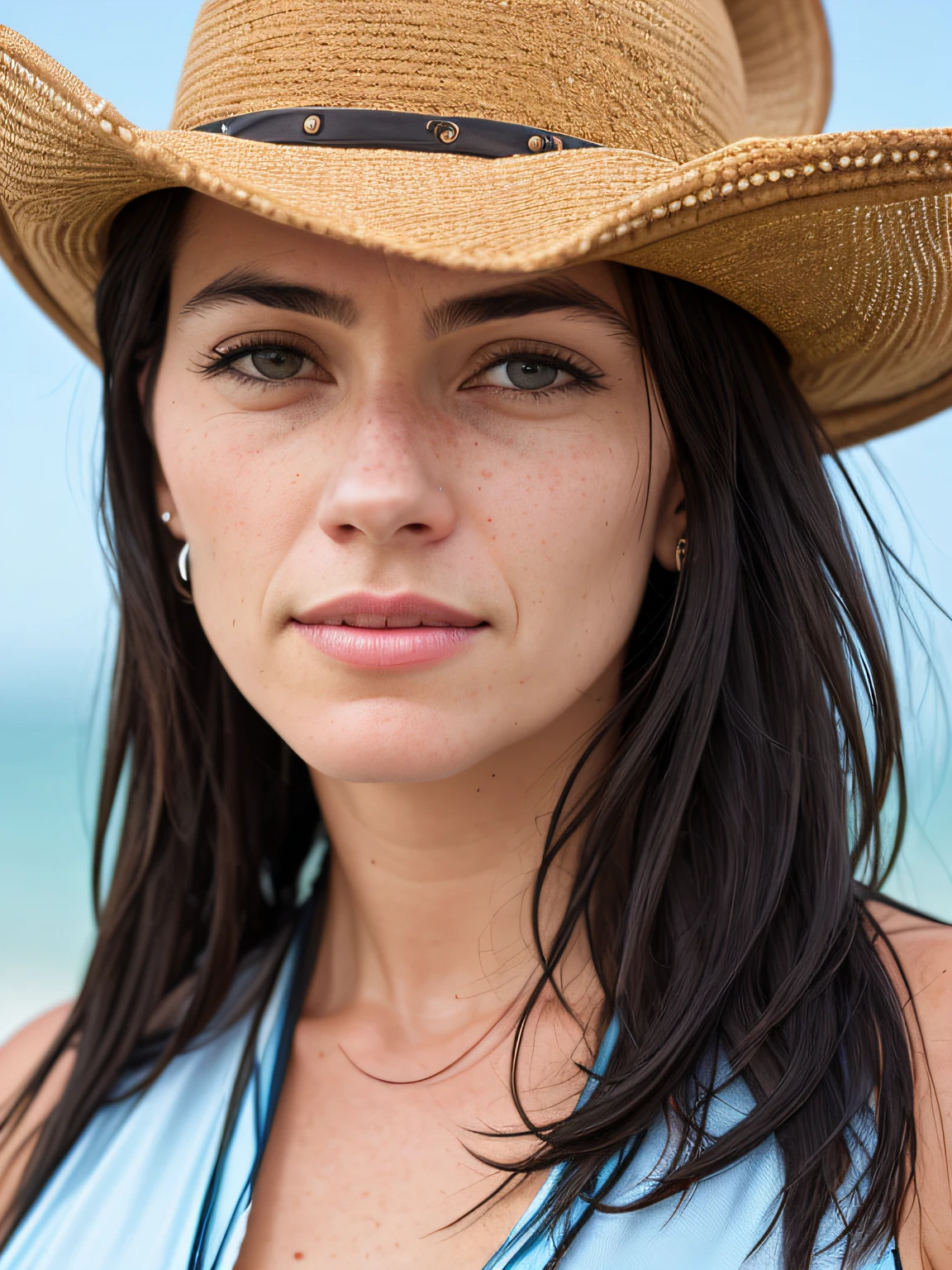 Cowboy shot photo, attractive stunning super model French 35-years-old grey eyes girl with black hair, detailed (wrinkles, blemishes!, folds!, moles, viens, pores!!, skin imperfections:1.1), (wearing sexy bikini set details:1.1), highly detailed glossy eyes, (looking at the camera), specular lighting, dslr, ultra quality, sharp focus, tack sharp, dof, film grain, centered, Fujifilm XT3, cryst