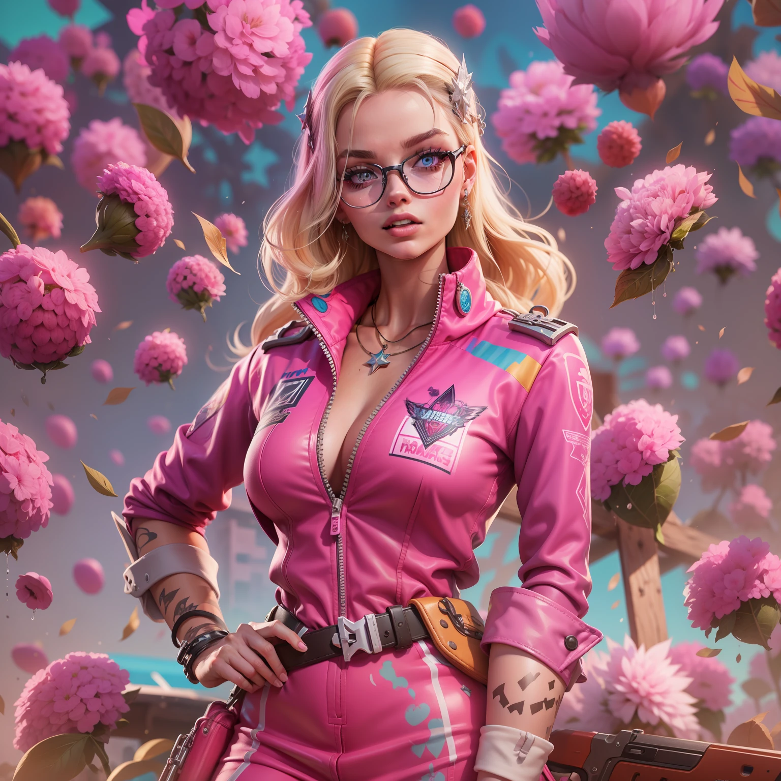Margot Robbie as Barbie in the Fortnite Game Aesthetics, verstindo um vestido rosa com renda e babadinhos, sapatos de salto alto, segurando uma picareta rosa e uma pistola amarela, peitos pequenos, No hyper sexualization, splash art oficial da barbie no fortnite, mapa do jogo fortnite como fundo.