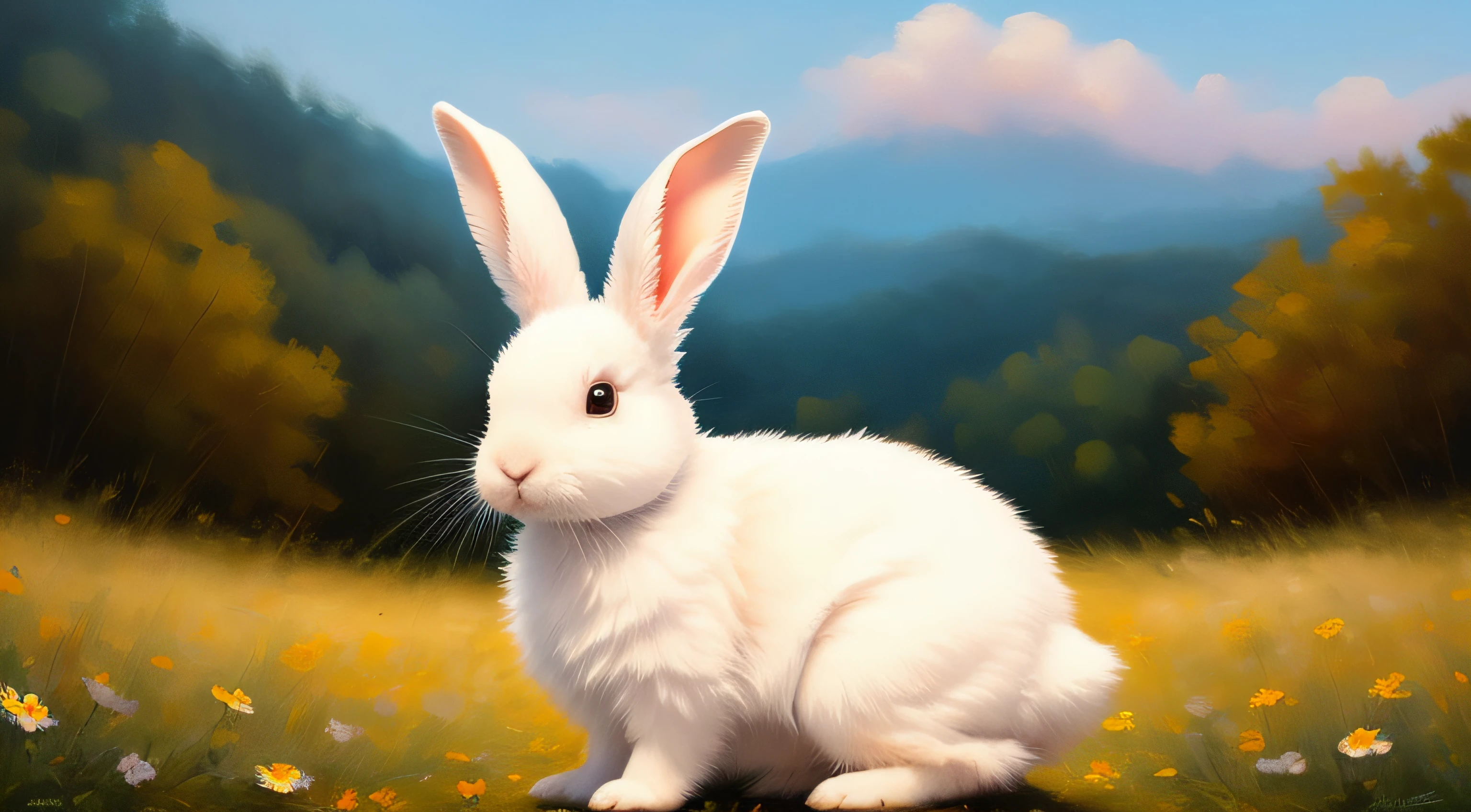 Adorable fluffy rabbit with big ears, sitting on the meadow, blue sky and lush summer forest background, super cute white bunny, hyper detailed, 32k resolution, oil on canvas, oil painting, highest quality, bright, sunny, colorful, summer day, ethereal, wall paper