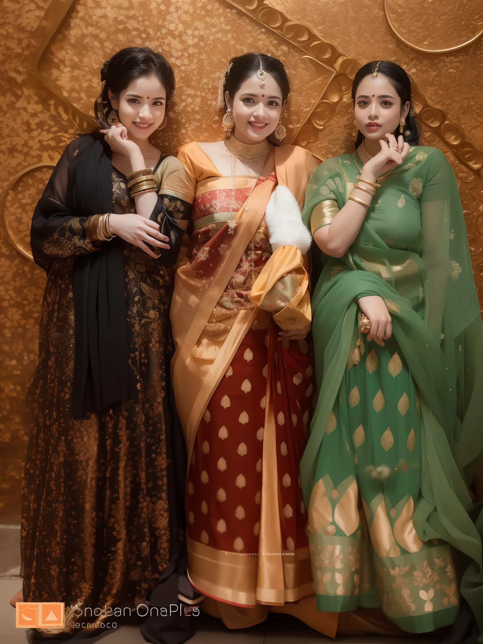 three women in saris posing for a picture in front of a wall, * colour splash *, wearing bihu dress mekhela sador, festival of rich colors, wearing traditional garb, dressed in a sari, beautiful girls, traditional beauty, ornately dressed, posing, candid picture, traditional clothes, indian style, posing elegantly over the camera