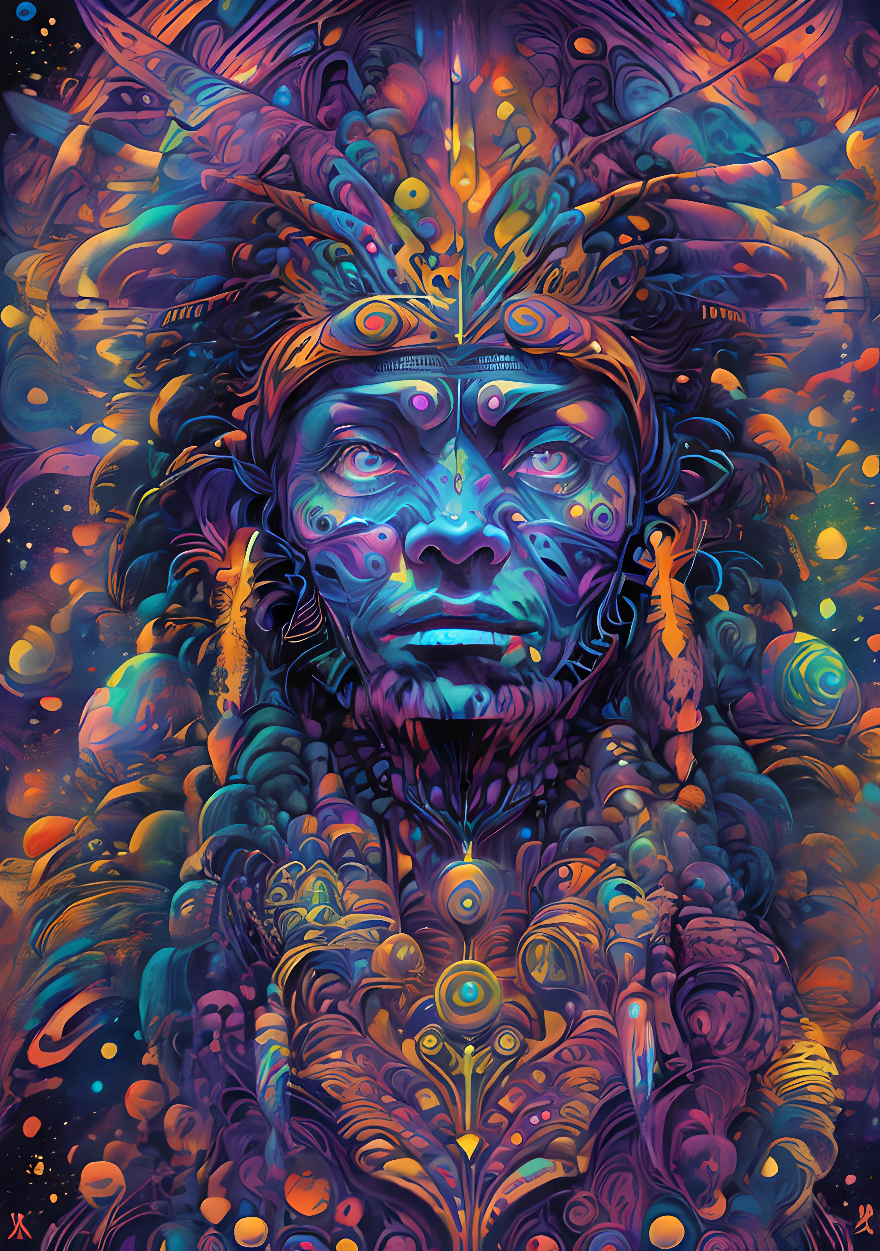 (High resolution, incredibly detailed, masterpiece), portrait of a native american shaman with galaxy in one hand, featuring fractal geometry in (vibrant colors:0.8), set against a (galactic background:1.2), bringing together complex, mesmerizing shapes and patterns.dmt .