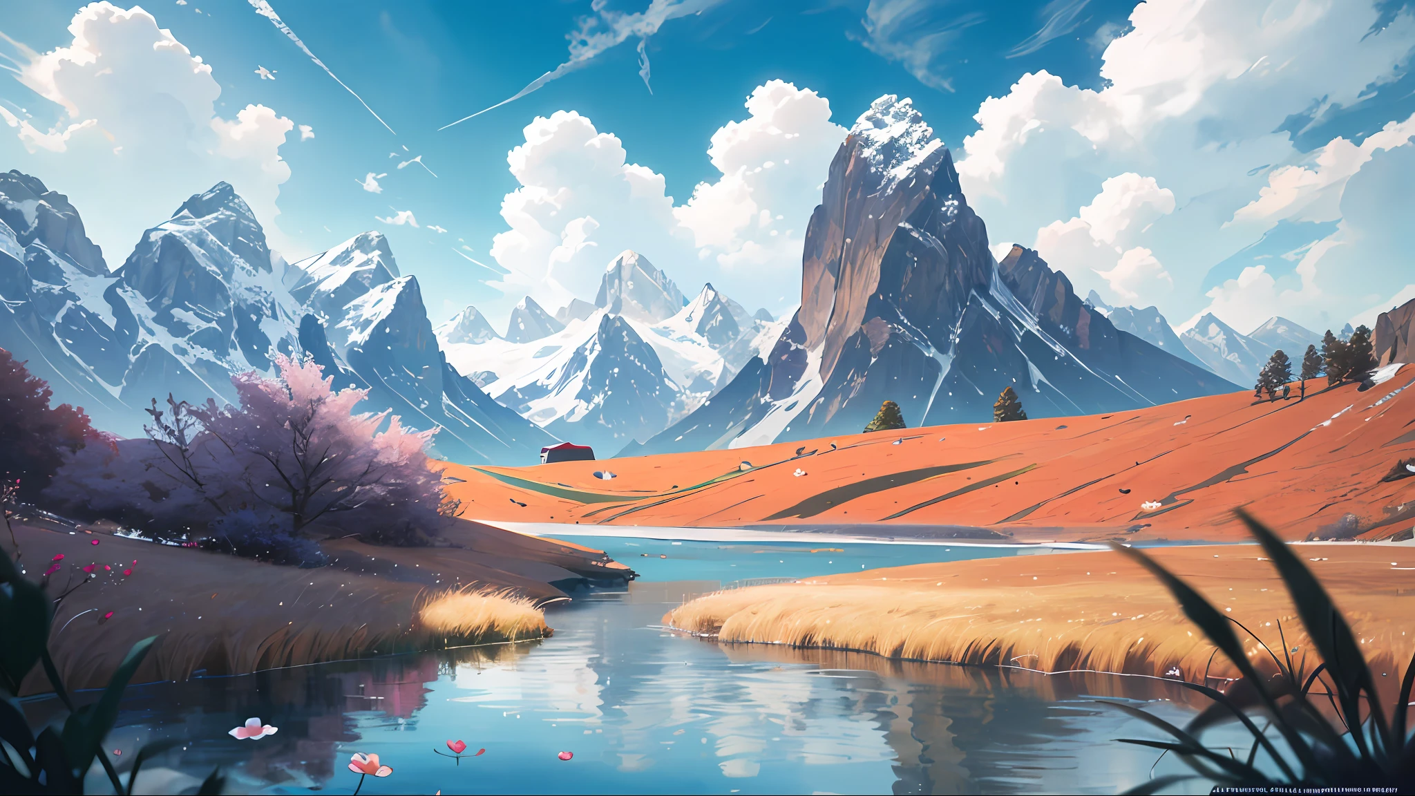 Summer, meadows, few small flowers, clear lakes, sheep, heaven, large clouds, blue sky, hot weather, a woman in bikini far away, HD detail, wet watermark, hyper-detail, cinematic, surrealism, soft light, deep field focus bokeh, distant view is snowy mountains, ray tracing, and surrealism. --v6