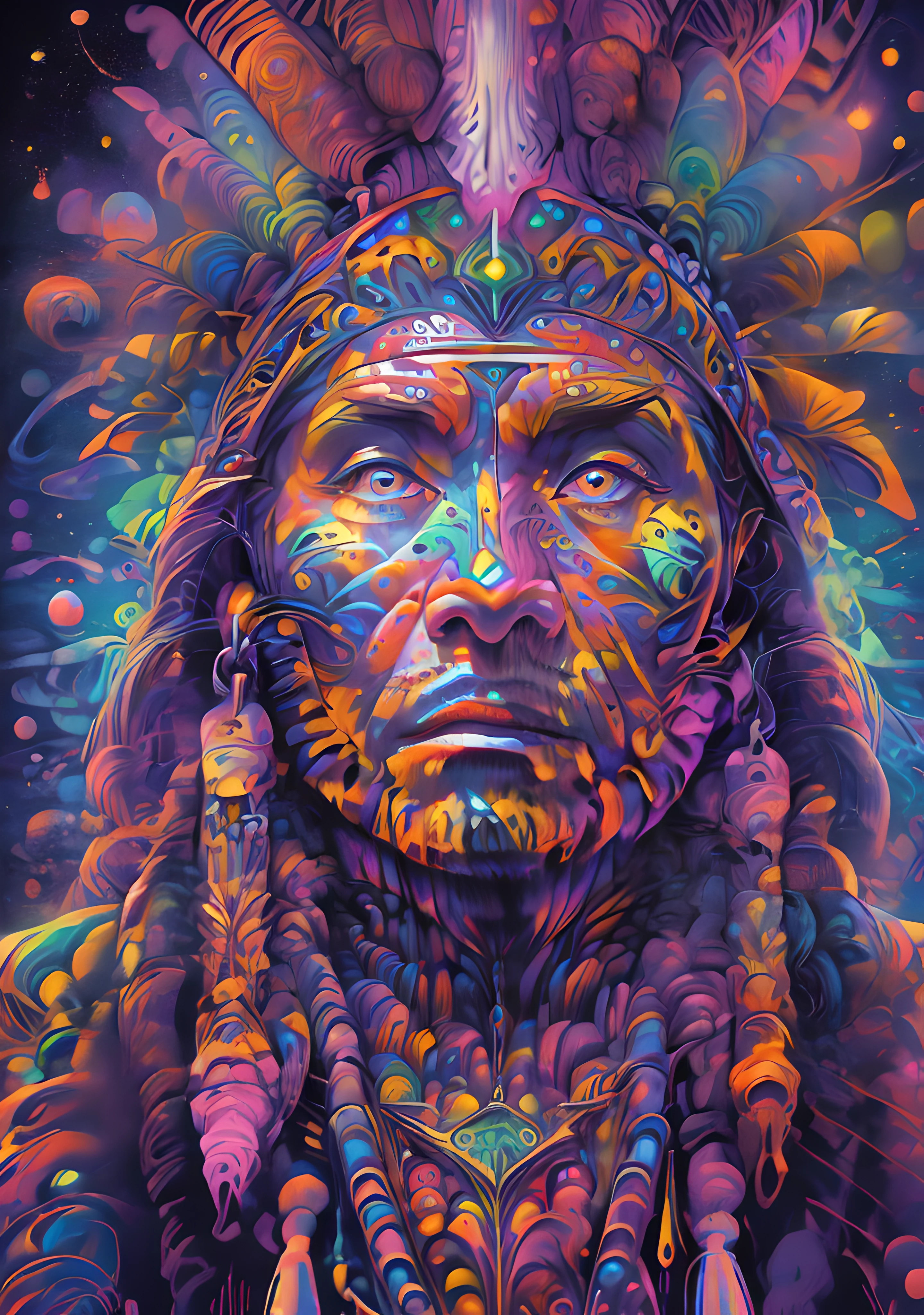 (High resolution, incredibly detailed, masterpiece), portrait of a native american shaman with galaxy in one hand, featuring fractal geometry in (vibrant colors:0.8), set against a (galactic background:1.2), bringing together complex, mesmerizing shapes and patterns.dmt .