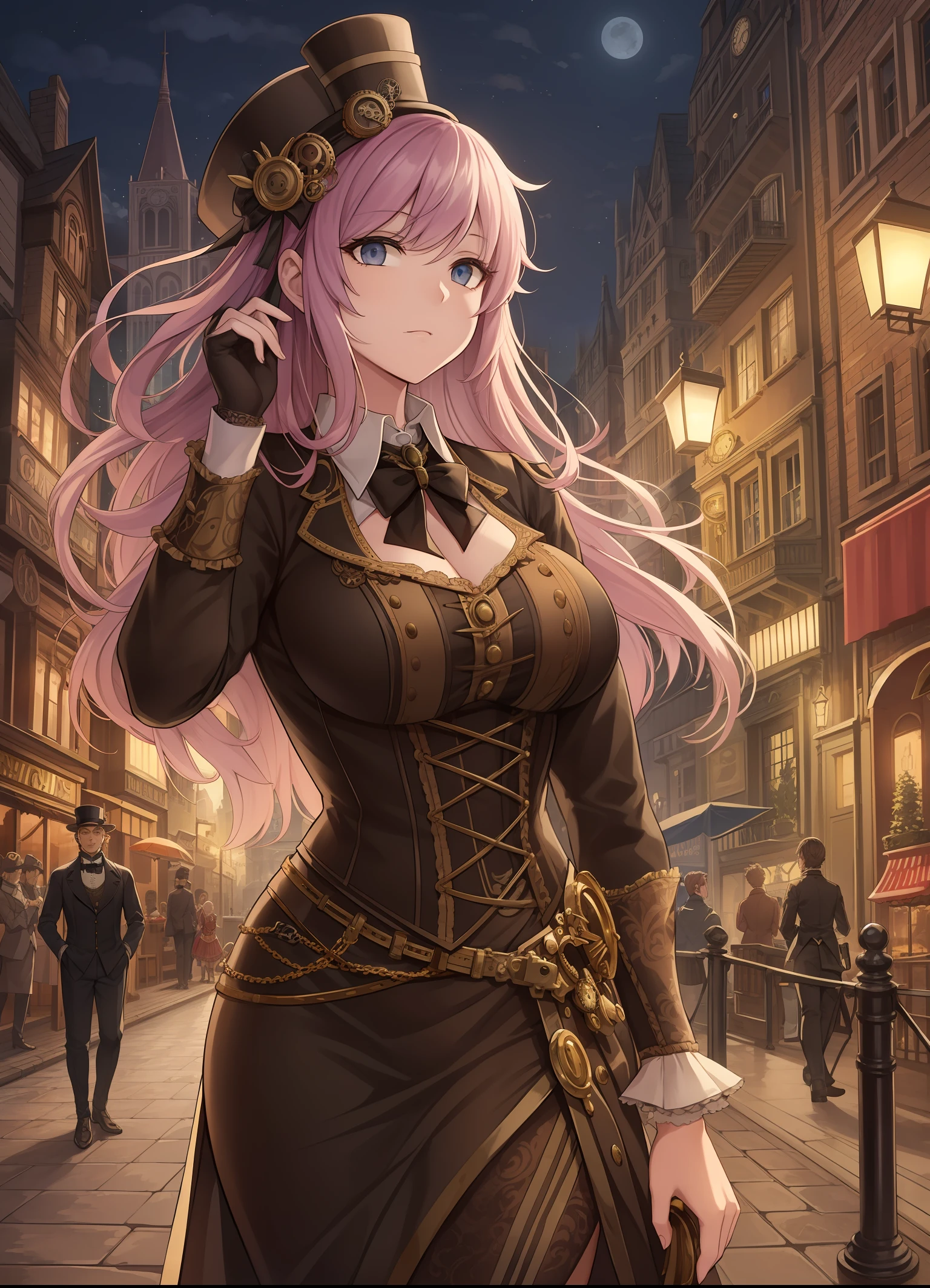 Uma imagem de um investigador steampunk, vestido com um elegante e intrigante traje de detetive steampunk, Unraveling mysteries in a whimsical and elaborate Victorian-steampunk cityscape at night. A cena combina o charme da era vitoriana com elementos steampunk imaginativos. --auto --s2
