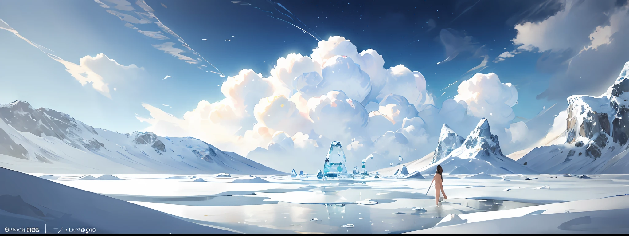 Impressionism painting, van gogh style, winter landscape, snow, ice, liquid water, heaven, large clouds, blue sky, hot weather, a naked woman far away, HD detail, wet watermark, hyper-detail, cinematic, surrealism, soft light, deep field focus bokeh, distant view is a sleepy vulcano, ray tracing, and surrealism.
