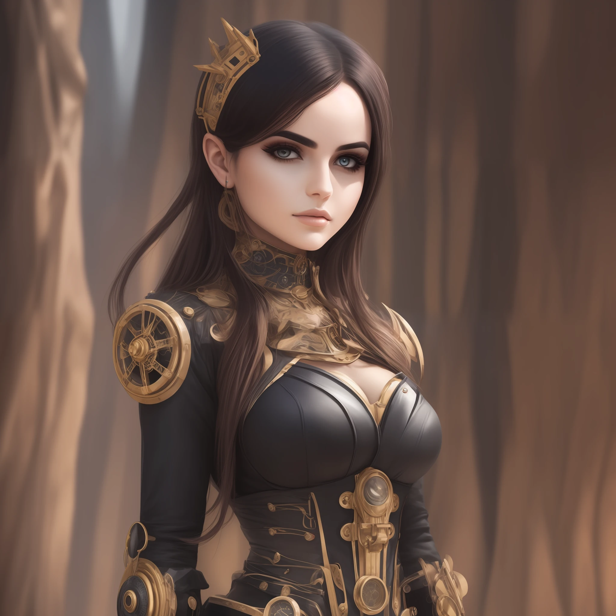 Mulher, estilo steampunk, futurista, super detalhado, rosto suave