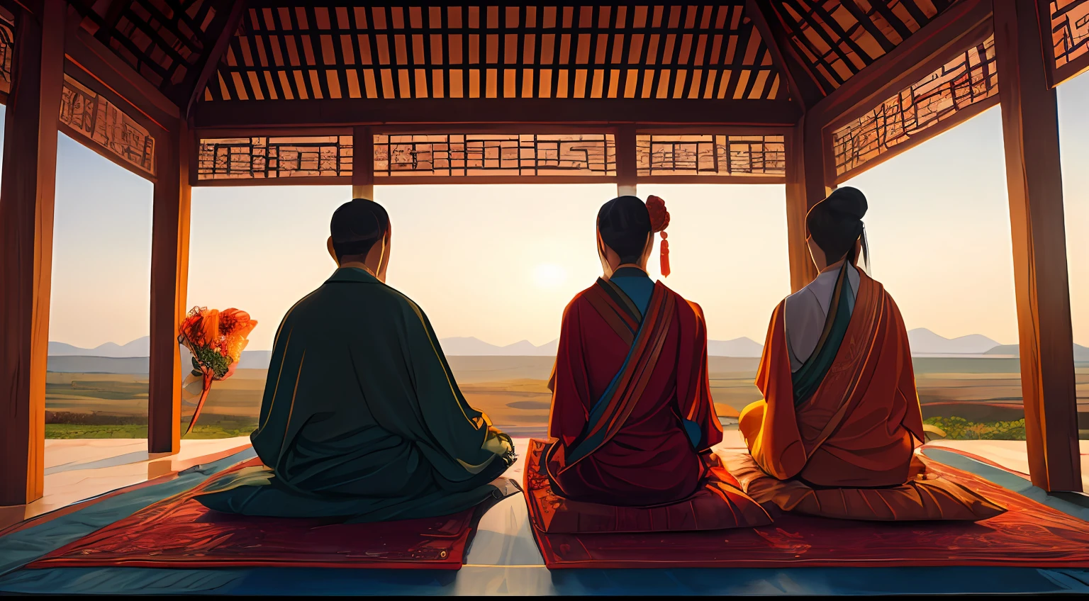 A visually striking image that conveys the profound difference between two groups of people in society. The majority, constantly besieged by stress and discontentment, are depicted with weary expressions and tense body language. In contrast, the followers of 'wu wei' exude a tangible tranquility and an almost palpable inner peace. The photograph captures their serene countenances and their remarkable harmony with themselves and the world. This stark contrast serves as a powerful testament to the constant conflict that plagues the rest of society." --auto
