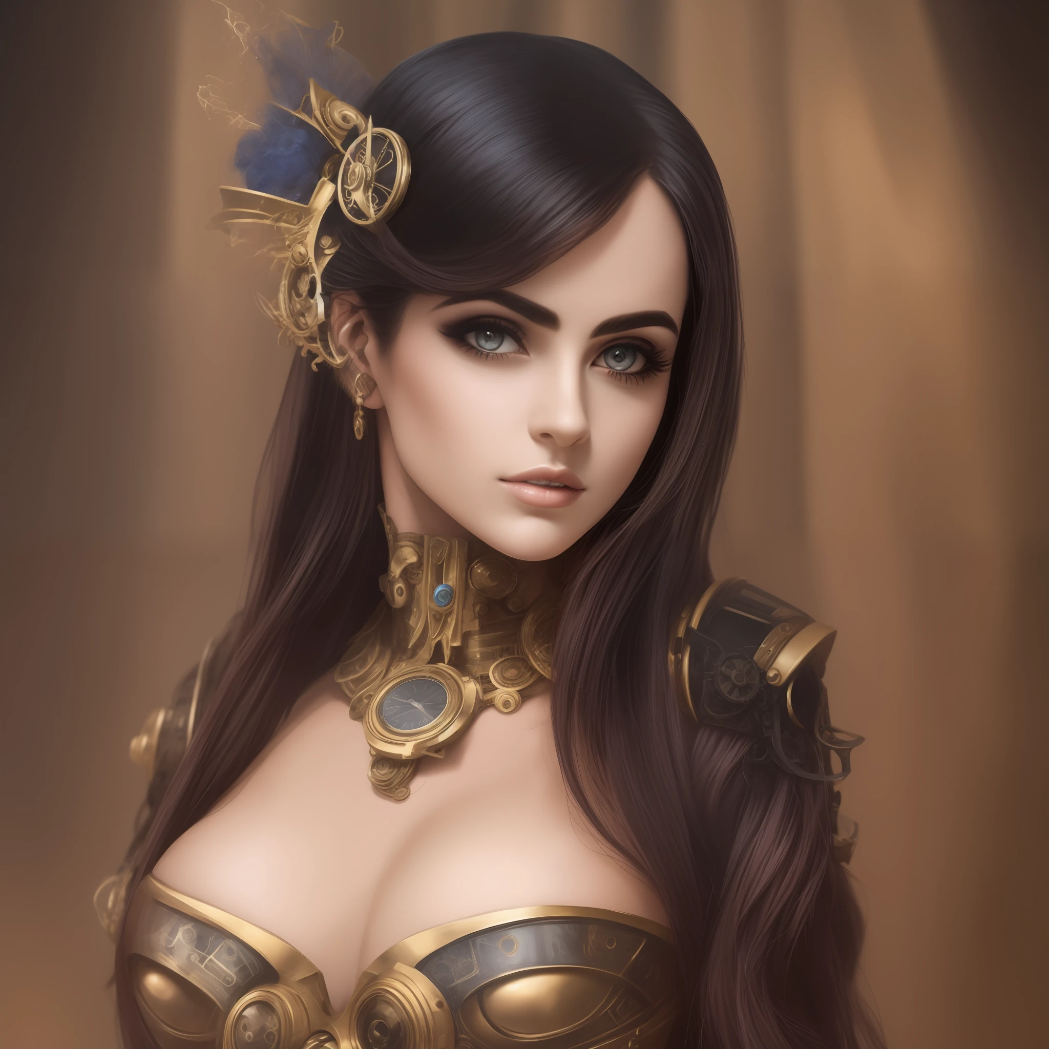 Mulher, estilo steampunk, futurista, super detalhado, rosto suave