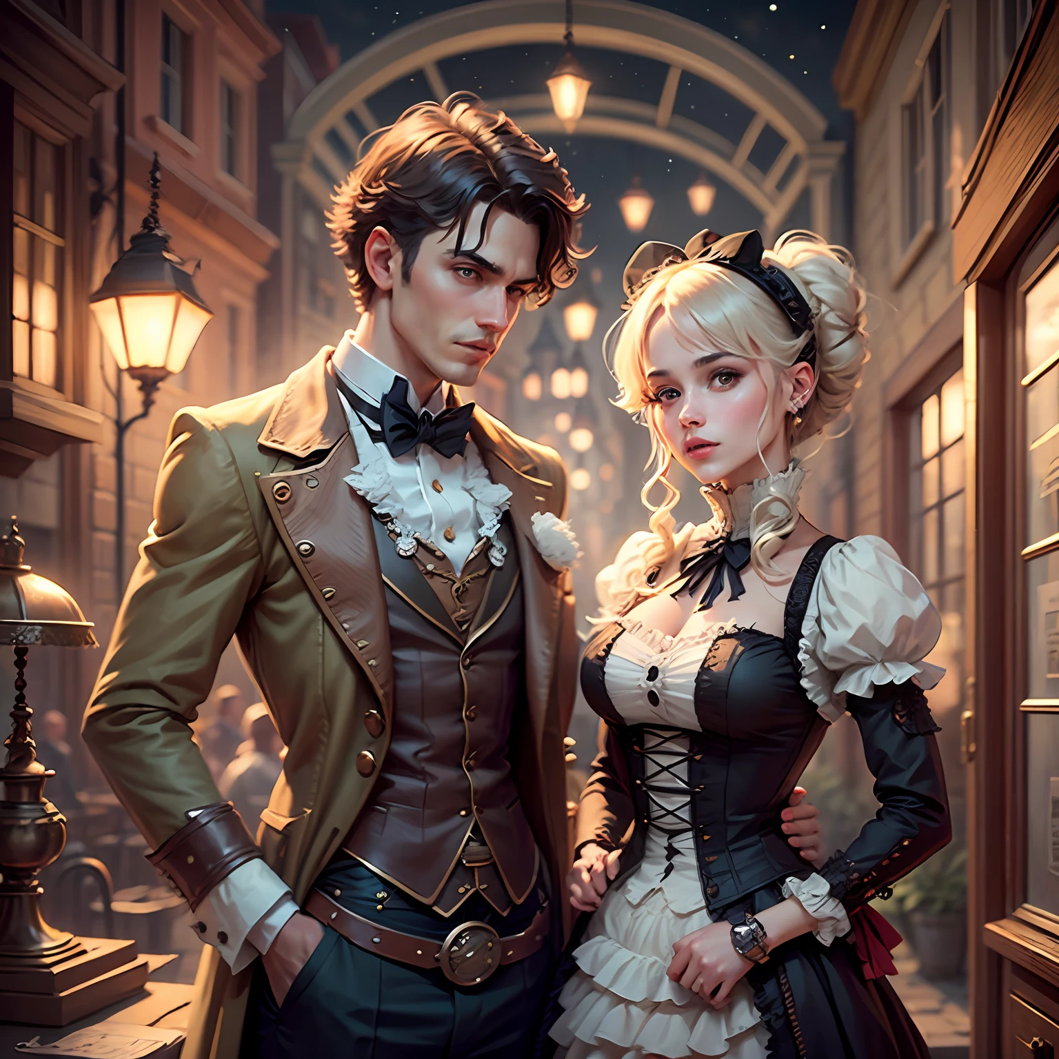 Uma imagem de um investigador steampunk, vestido com um elegante e intrigante traje de detetive steampunk, Unraveling mysteries in a whimsical and elaborate Victorian-steampunk cityscape at night. A cena combina o charme da era vitoriana com elementos steampunk imaginativos. --auto --s2