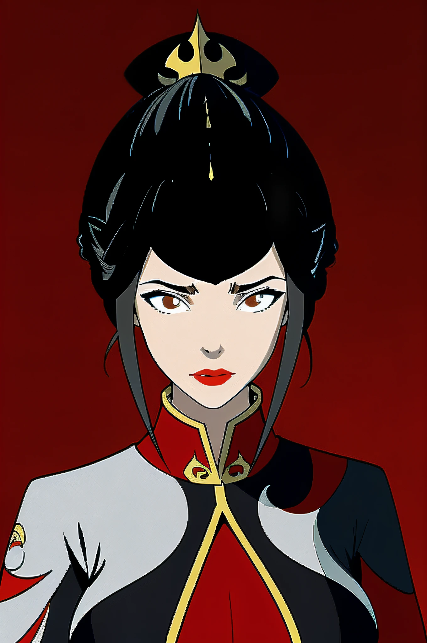 ultra-realistic 8k CG, masterpiece, ((ultra detailed background, fine drawing, intricate details, high detail, better quality fine details, hyper-detailed face)), (photorealistic: 1.4), beautiful lighting, absurdity, RAW photo, film grain, Azula, 1girl, solo, black hair, brown eyes, makeup, lipstick, red lips, single hair bun, navel, side strands, hair decoration, ((medium breasts, slim girl)), ((open kimono,  Chinese clothing)), ((intricately detailed background, inside, dim lighting, moody lighting, inside the castle, castle wall, inside, medieval castle environment))