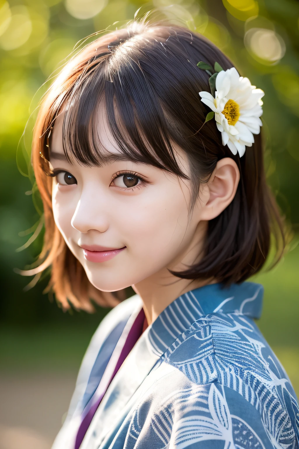 1 girl、cute little、************、a smile、Look at the viewer、furisode、kimono、The photograph、Realistic、beste-Qualit、adopt、detailed face with、Shorthair、a park、细致背景、diffuse lighting、depth of fields、bokeh feeling