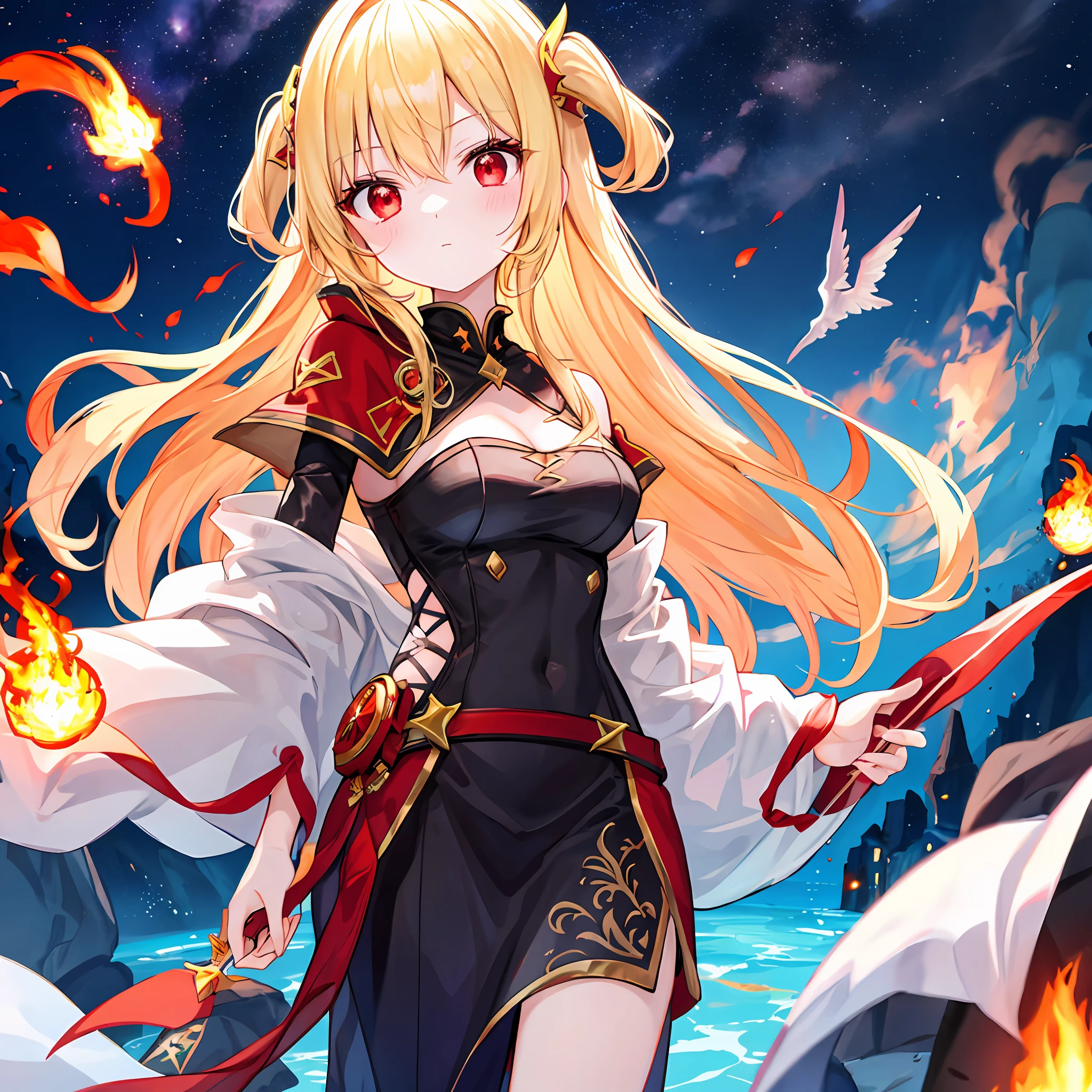 One beautiful blonde girl、red eyes、doress、Flames in the background、Sorcerer、