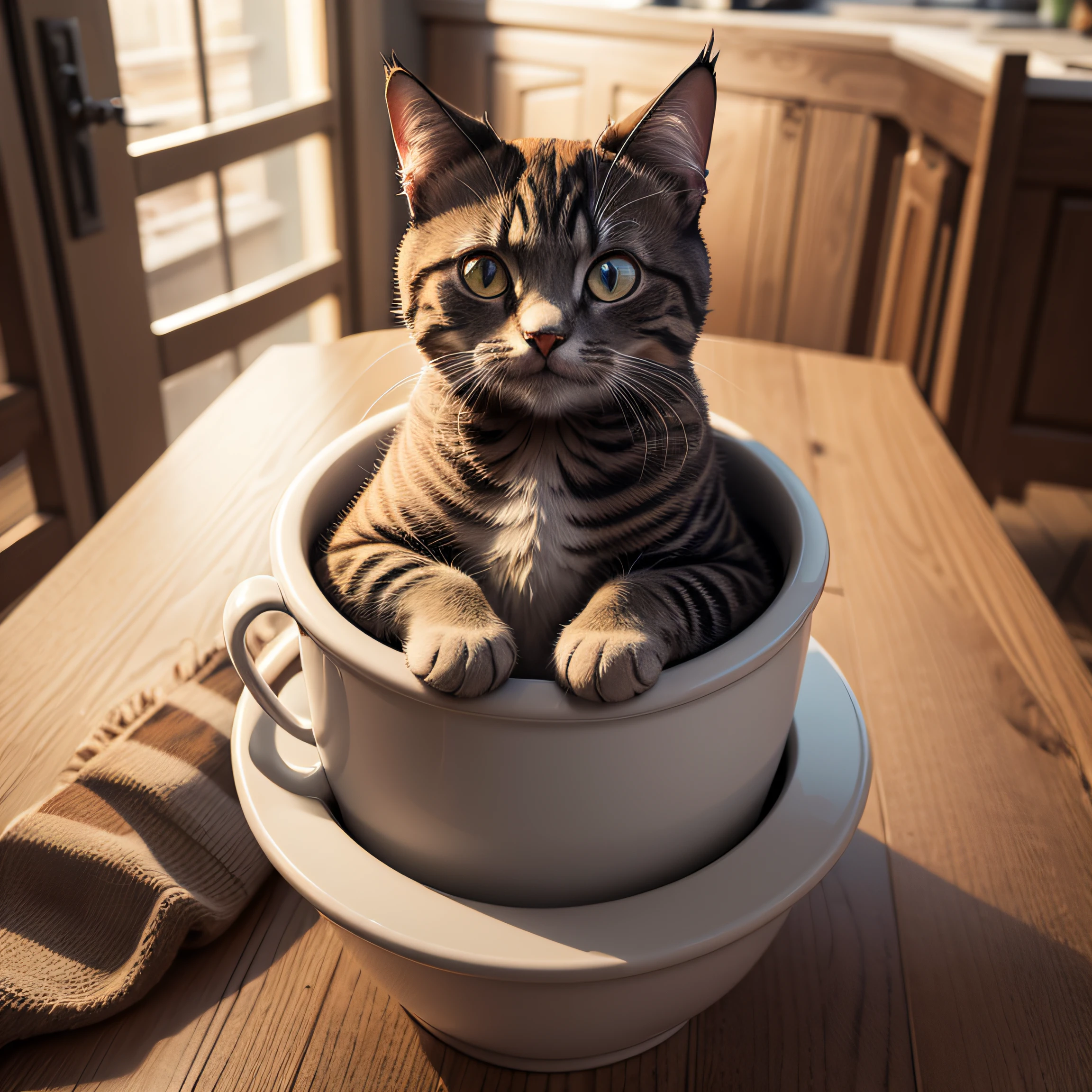 Cat Images:1.3, Beautiful coat in three colors, Delicate texture, 8K high resolution, Realistic lighting, Being in a pot on the table, Look upwards --auto