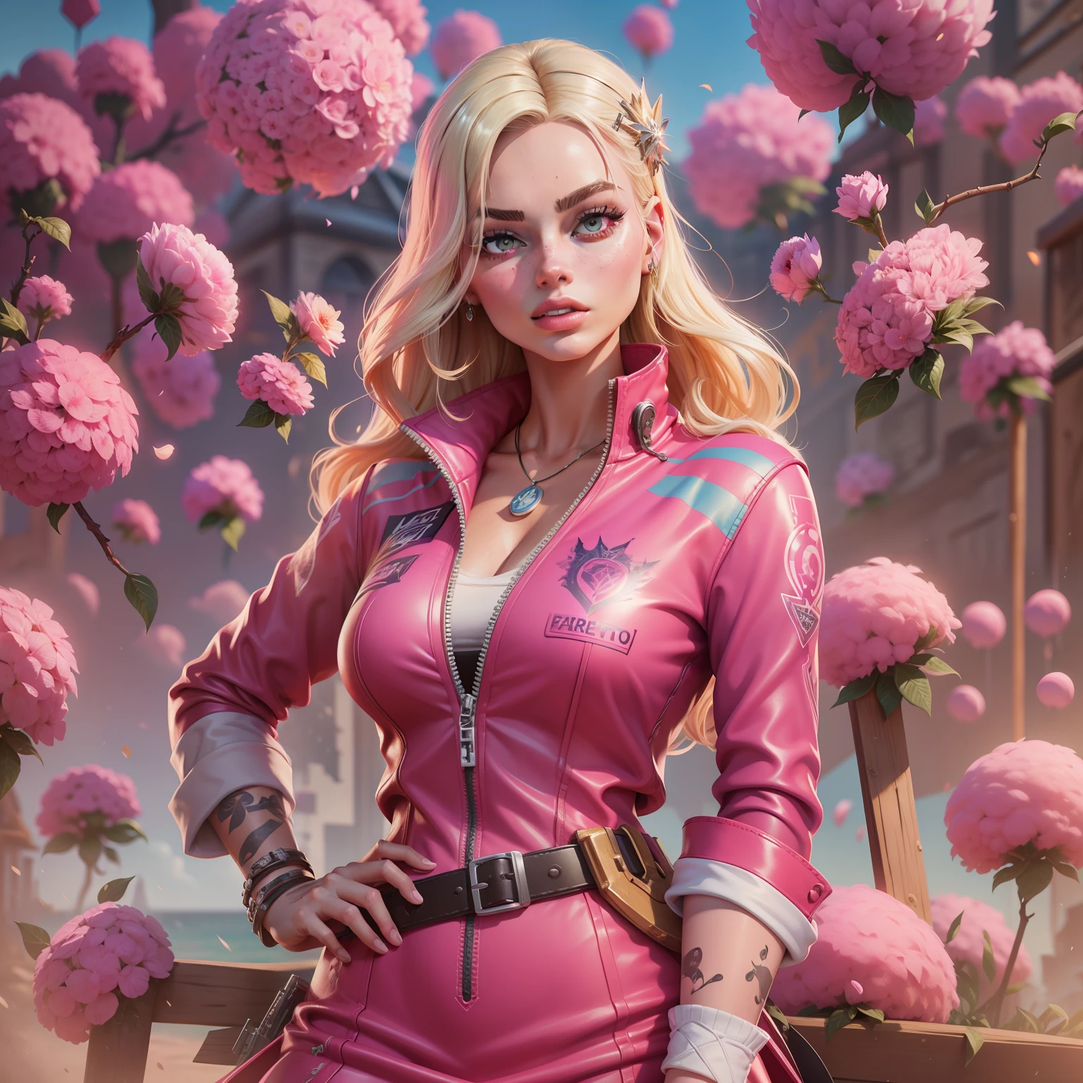 Margot Robbie as Barbie in the Fortnite Game Aesthetics, verstindo um vestido rosa com renda e babadinhos, sapatos de salto alto, segurando uma picareta rosa e uma pistola amarela, peitos pequenos, No hypersexualization, splash art oficial da barbie no fortnite, mapa do jogo fortnite como fundo.