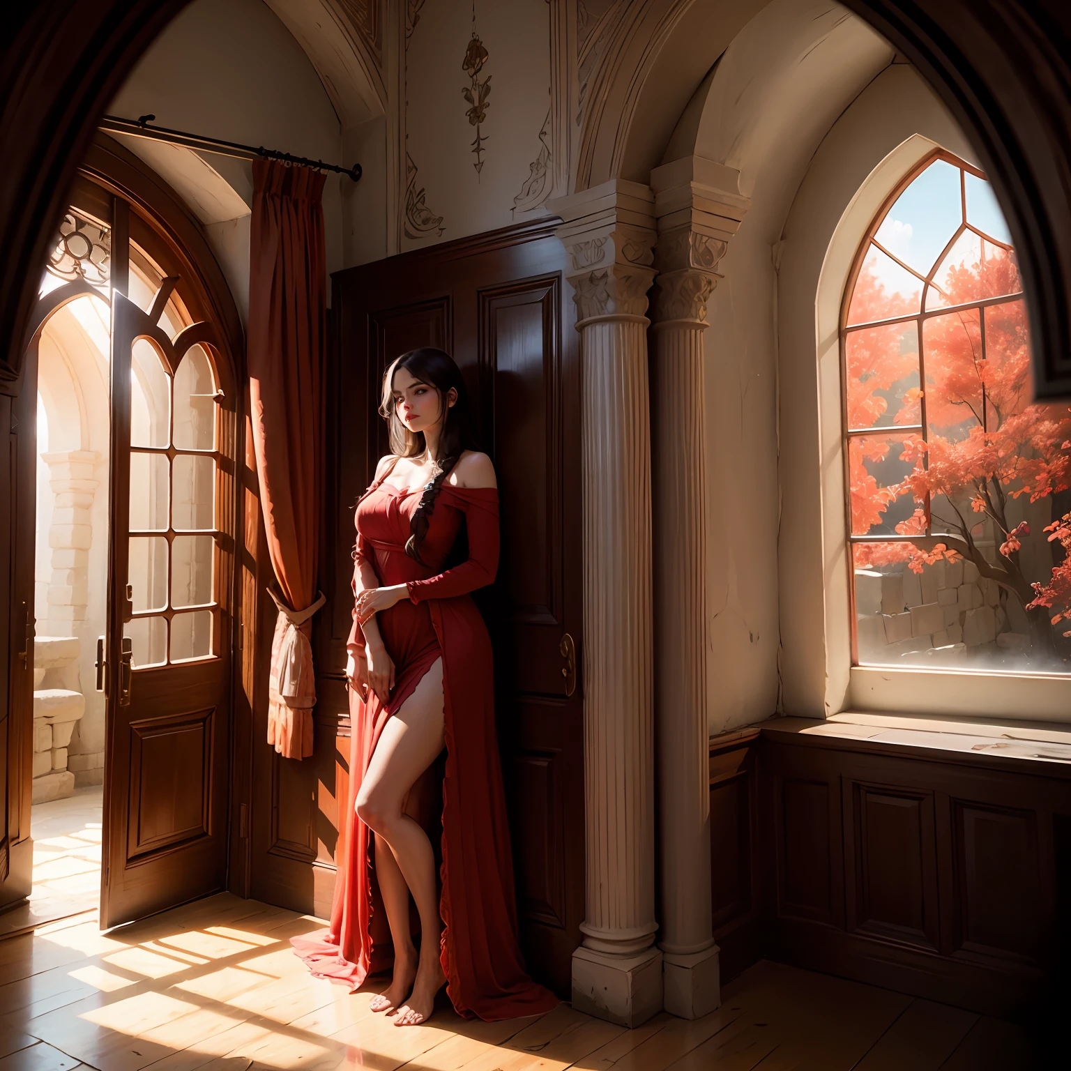 lush red drapes and arch windows interior ancient house of stone walls and light with beautiful sensual woman --auto