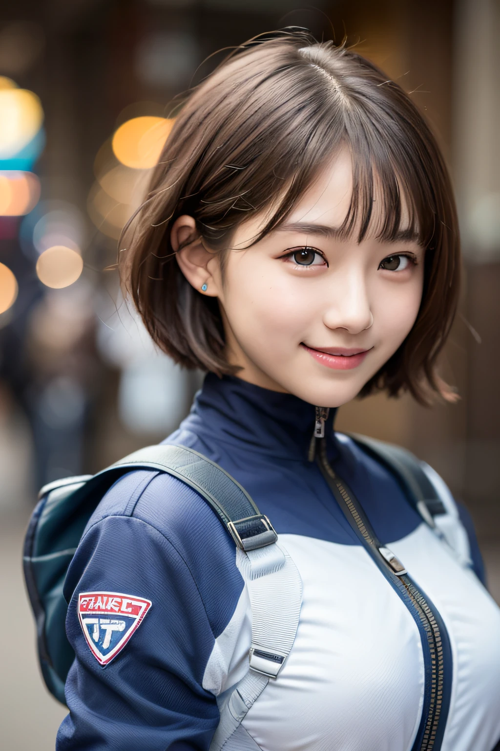 1 Girl、cute-cute、、A smile、Look at the viewer、Rider Suit、The photograph、Realistic、beste-Qualit、adopt、detailed faces、Shorthair、Near Future City、细致背景、diffuse lighting、depth of field、bokeh feeling