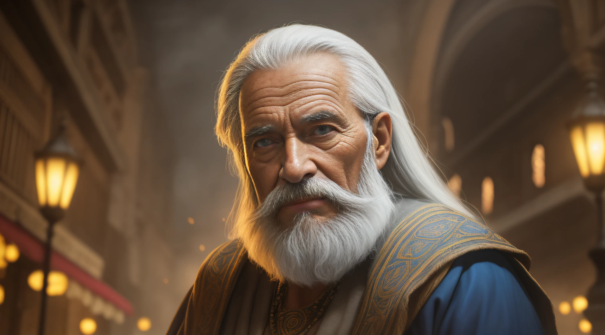 A memorable scene from an ancient city, where a 90-year-old elderly sage with long gray hair, longa barba cinza, looks into the camera. The environment is immersive with realistic details and the lighting is perfect for adding drama and depth to the scene. (HDR: 1.4), (cores suaves:1.2), altamente detalhado, (art-station:1.4), cinemactic, luzes quentes, dramatic light, (detalhes intrincados:1.1), Antecedentes complexos, (Rutkowski:0.66), (azul e laranja :0,4)