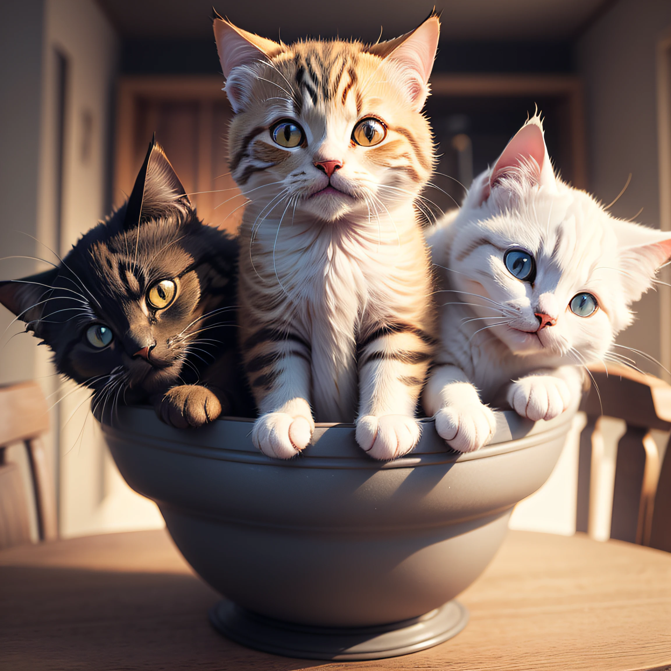 Cat Images:1.3, Beautiful coat in three colors, Delicate texture, 8K high resolution, Realistic lighting, Being in a pot on the table, Look upwards --auto