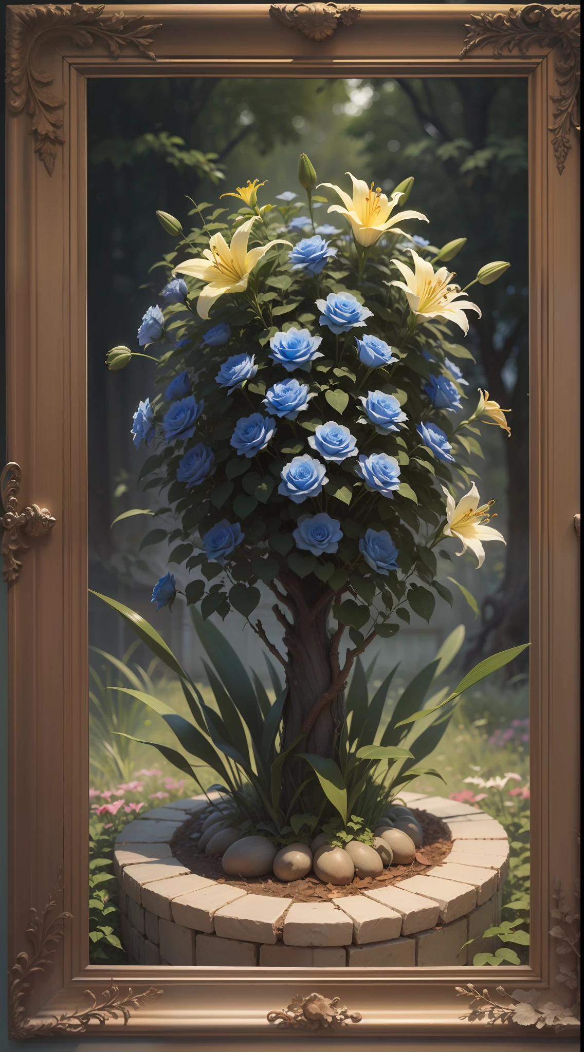 Three lily, three lily in tree,lily ,dark background,high resolution,high quality,blue roses