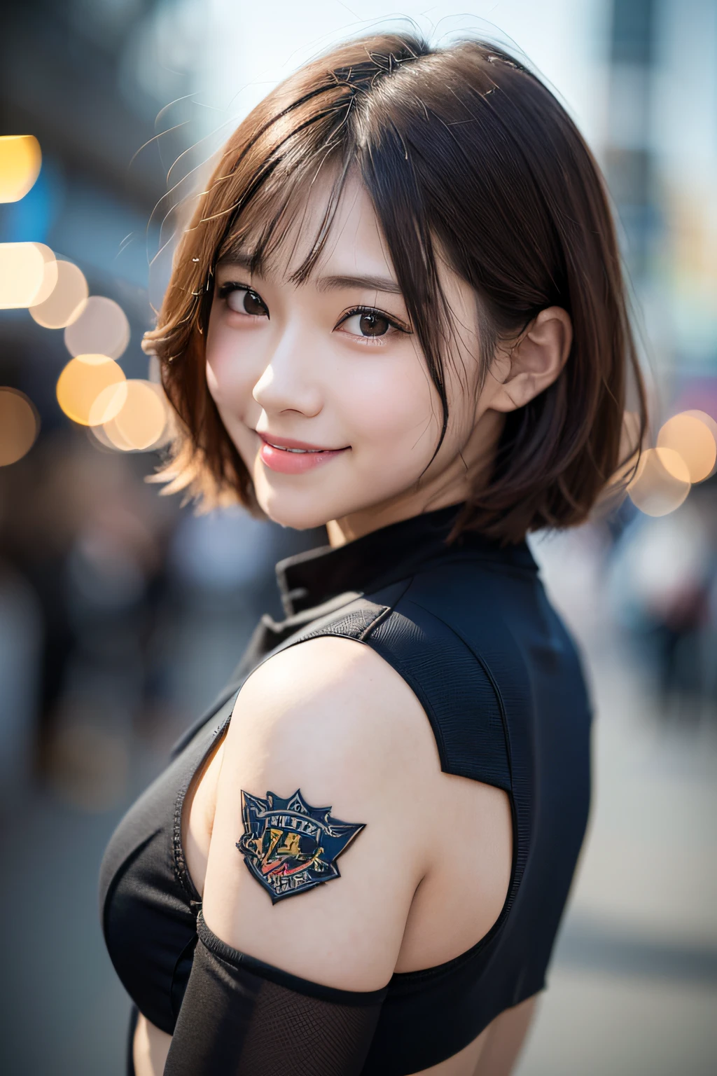 1 Girl、cute-cute、、A smile、Look at the viewer、Rider Suit、The photograph、Realistic、beste-Qualit、adopt、detailed faces、Shorthair、Near Future City、细致背景、diffuse lighting、depth of field、bokeh feeling