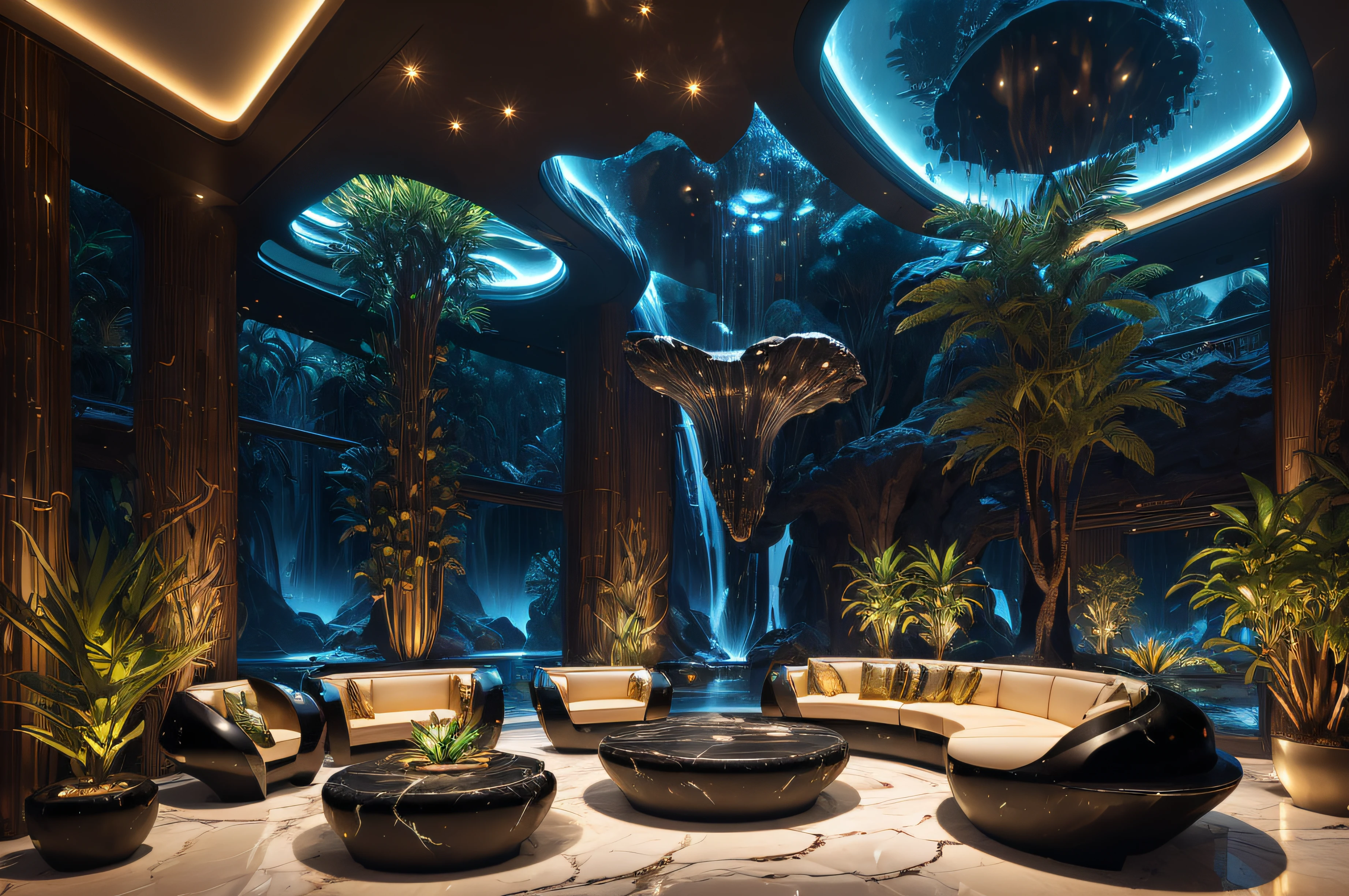incredible black luxurious futuristic living room interior in Ancient Egyptian style with many (((lush plants))) (lotus flowers), ((palm trees)), ((african trees flowers and plants)), (((gorgeous flowers))), rocky walls, ((sand)), ((waterfalls)) (marble), ((precious minerals)), ((metals)), (gemstones), crystals, clouds and ((((water)))), ((curvy futuristic furniture)), (hieroglyphics), ((trees, flowers, plants made out of gemstones and precious minerals and lights)), crocodiles, (((ultra luxury))), (black marble) – with ((beautiful lights)), Unreal Engine, HQ, 16k