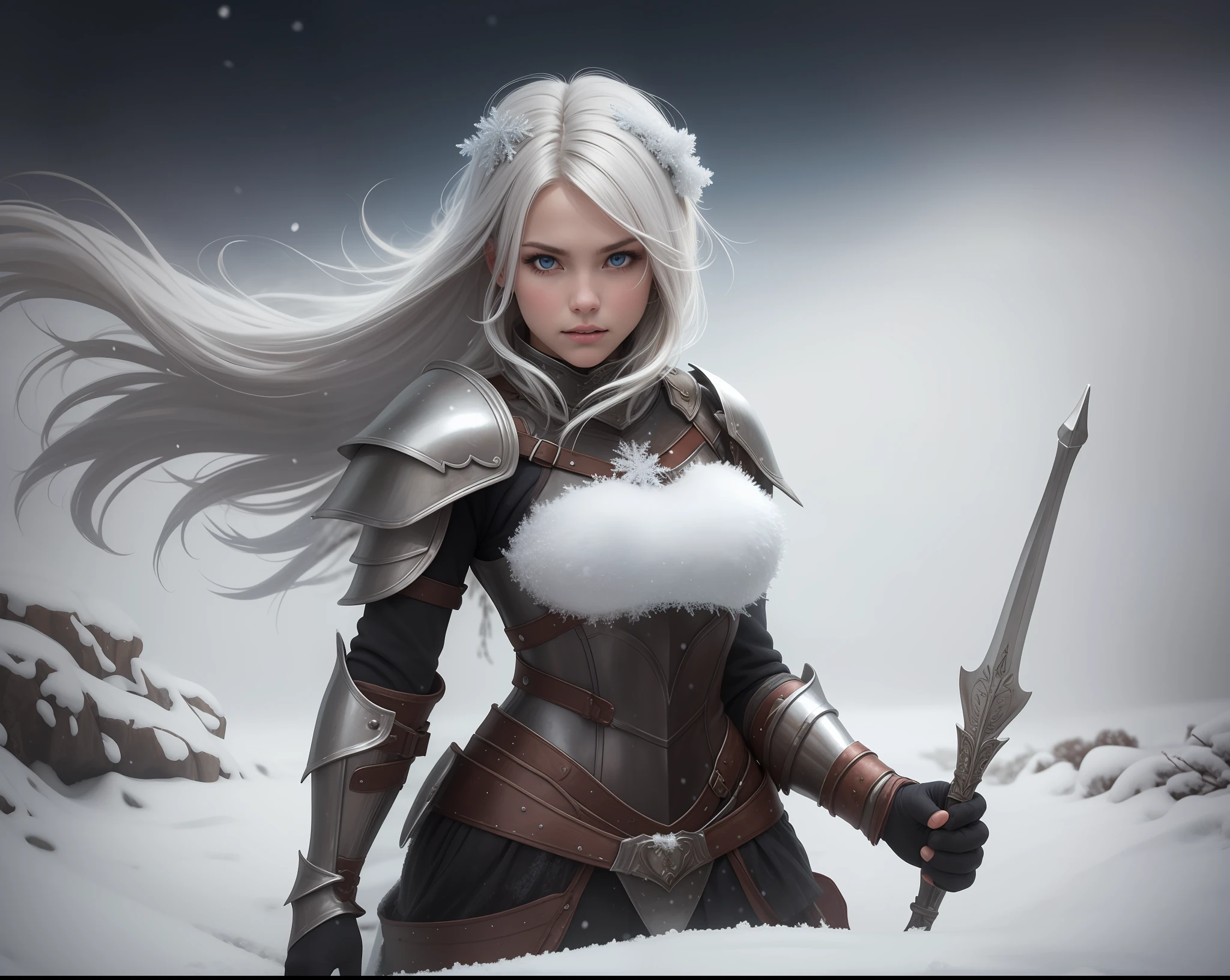 Warrior girl in silver armor, covered with frost and frost, Around the blizzard, The Winter Charmer