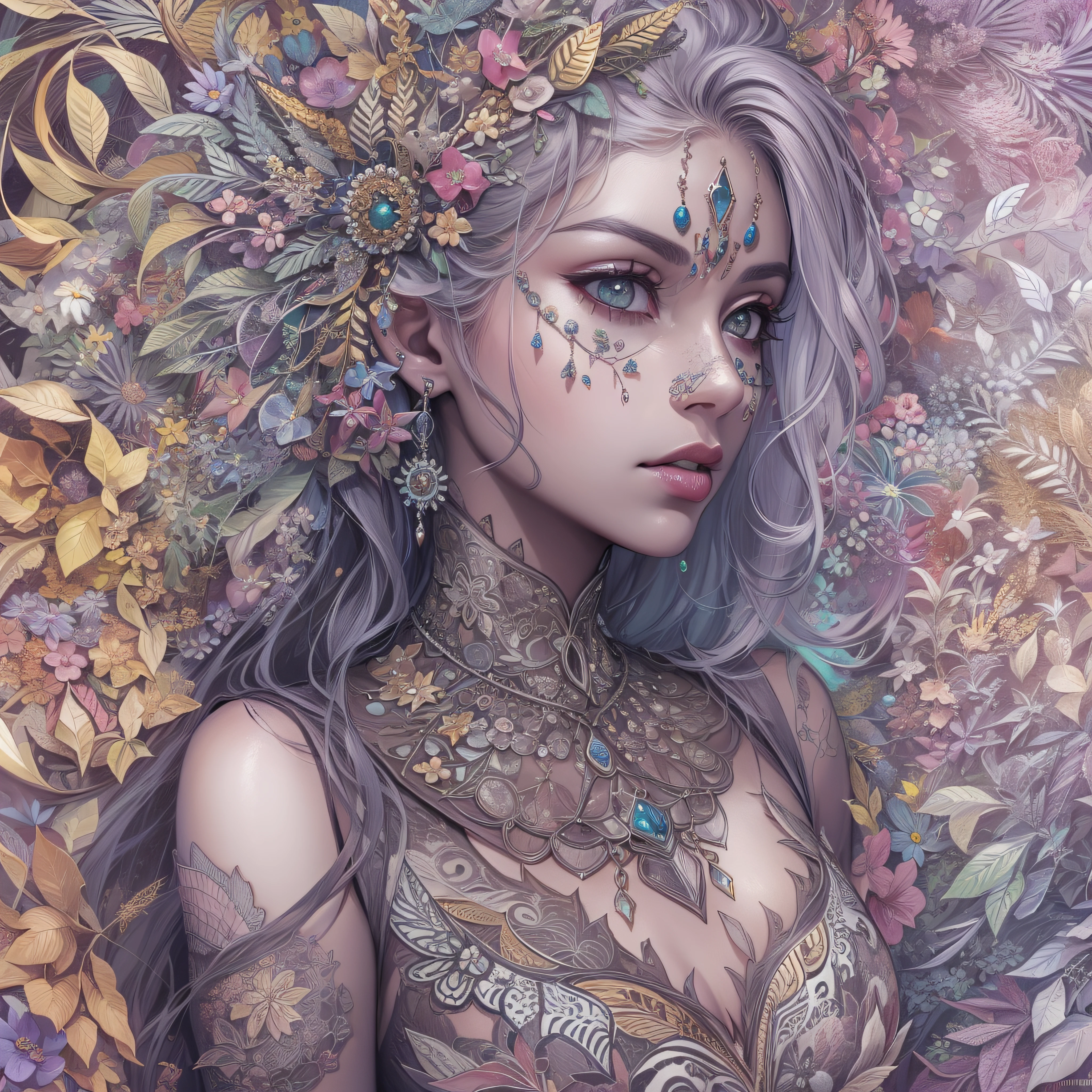 (obra-prima, qualidade superior, melhor qualidade, arte oficial, beautiful and aesthetic: 1.2), (1girl:1.3), lolth drow, aranhas, teias, extremamente detalhado,(arte fractal:1.1),(colorido:1.1)(flores:1.3),mais detalhado,( zentangle:1.2), (Dynamic Stance), (fundo abstrato:1.3), (pele brilhante), (muitas cores:1.4), ,(brincos:1.4), (penas:1.4)