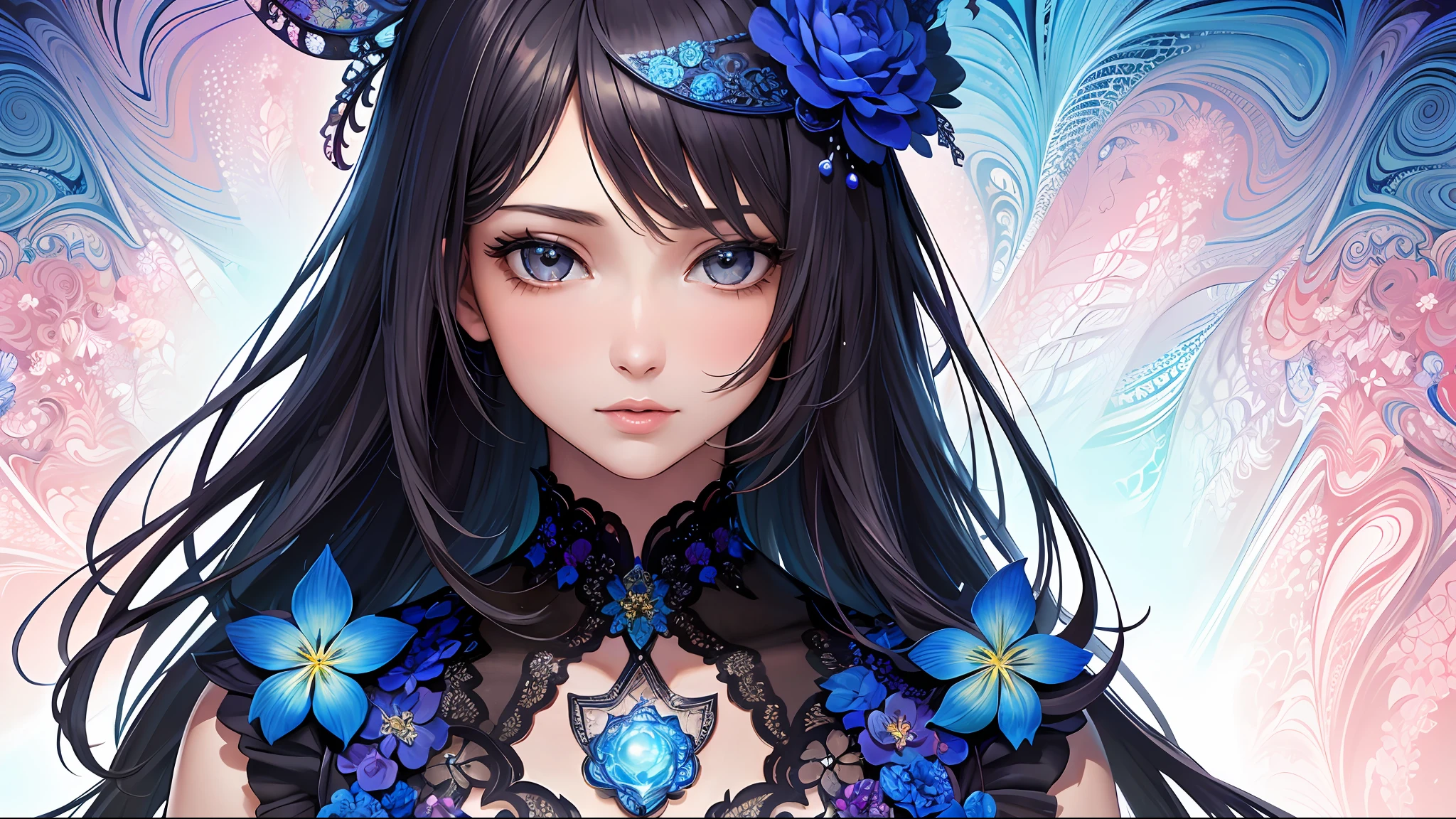 (masterpiece, top quality, best quality, official art, beautiful and aesthetic:1.2), (1girl), extreme detailed,(fractal art:1.3),colorful,highest detailed,upper body, [lace],[jewelry],[flower],[[butterfly]],