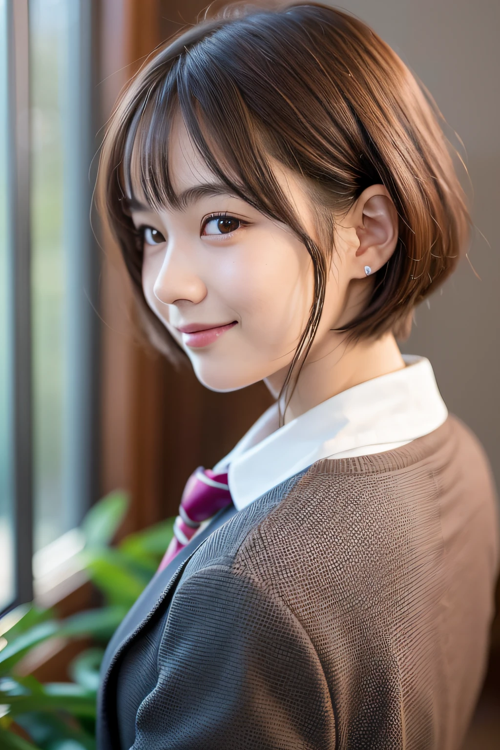 1 girl in、cute little、17 years old、A smile、Party Dresses、a picture、Realistic、top-quality、adopt、A detailed face、Shorthair、Emerald Earrings、cafes、细致背景、diffuse lighting、bokeh feeling