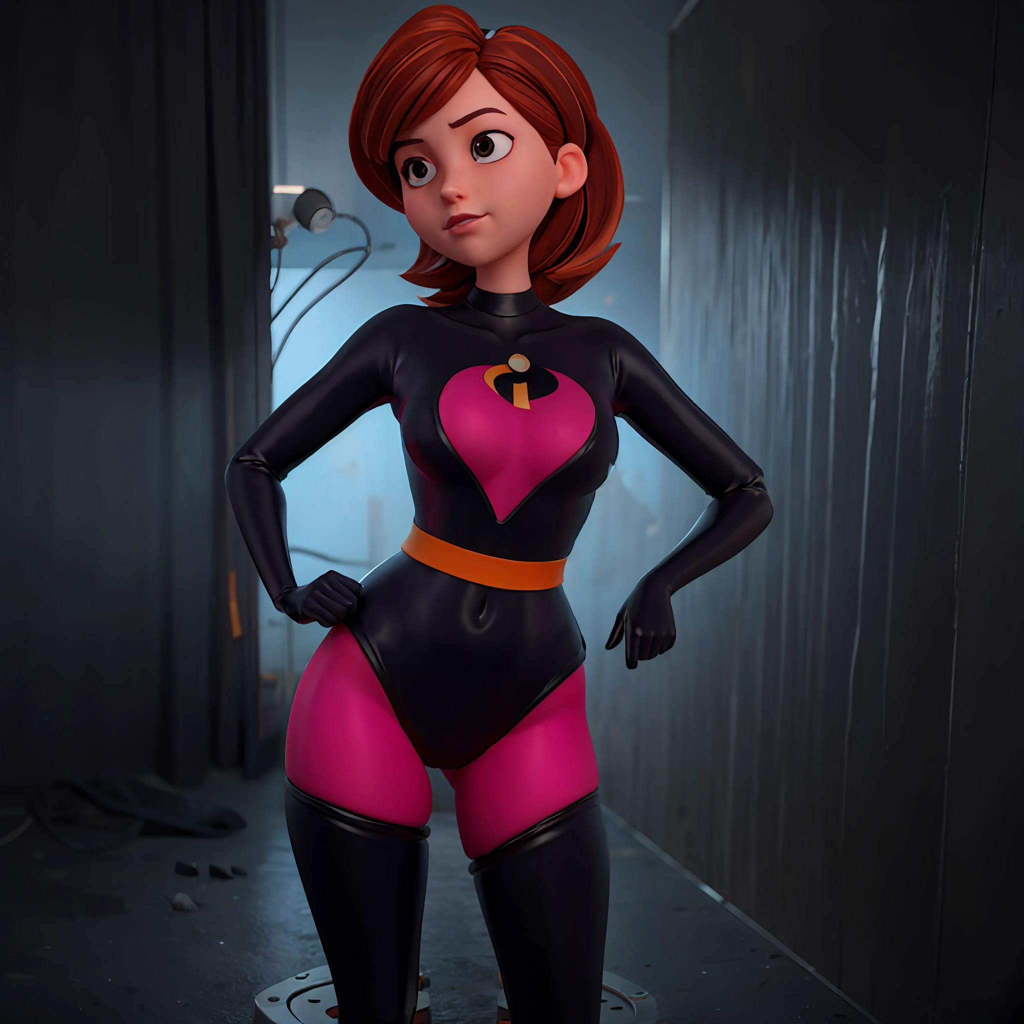 Helen Per Elastigirl)、Female 1、Latex bodysuit、Tattoo of a heart on the navel、Permeable bodysuit、Latex Long Gloves and Boots、Sheer skin、Enraptured look、Tethered to the machine、chastity belt、Crotch glowing machine、Restraint chair、head phone、The effect of electricity around the head、Light-emitting cable、Eyes without highlights、open the legs widely、facing front、Concrete walls、complex machinery