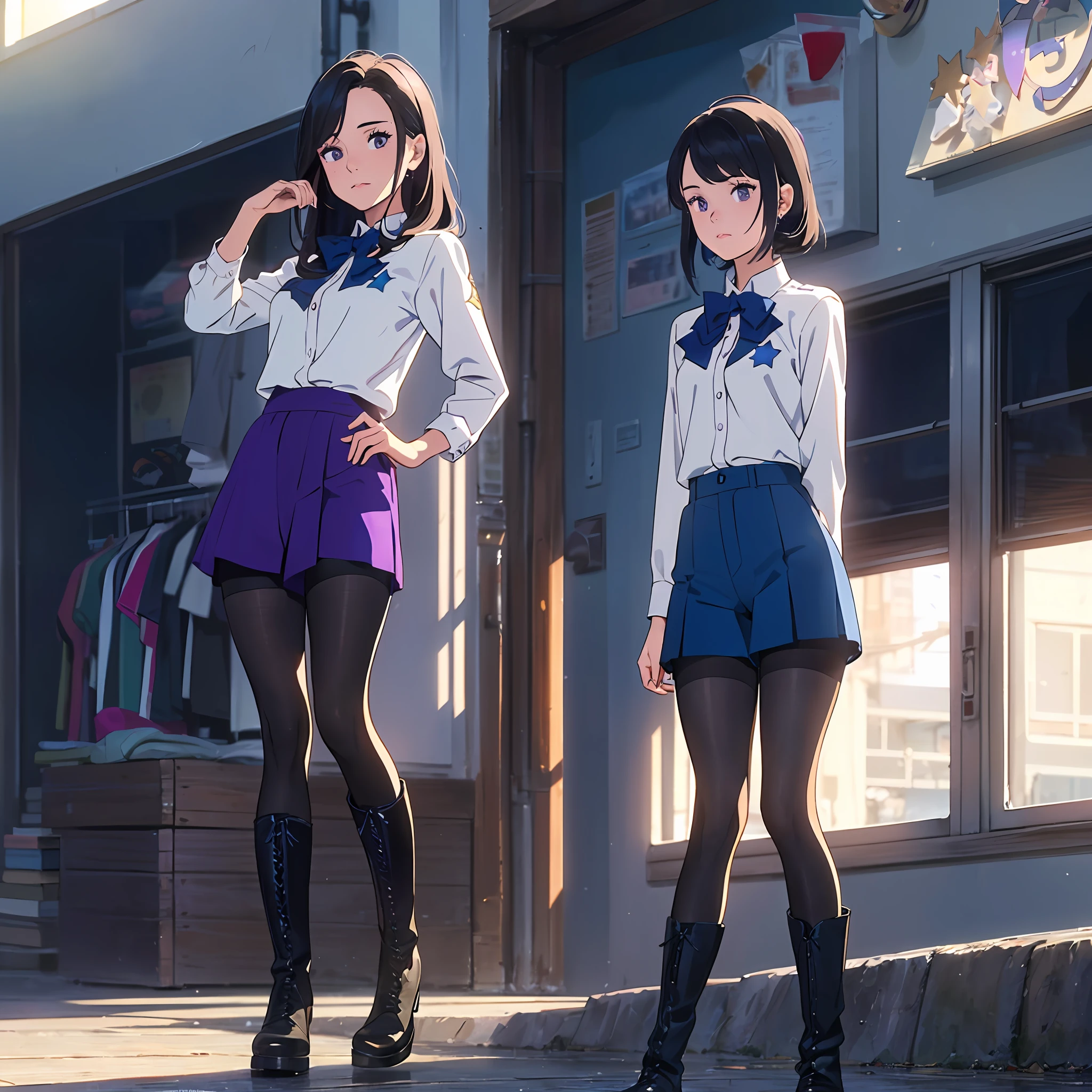 (Ela tem 16 anos, 1.60 de altura, cabelo curto e escuro, olhos pretos.) (On his uniform has a star symbol and the colors are purple, azul e prata. Her uniform is a sleeve blouse, a pair of shorts with pantyhose and she wears boots.) Create an image of a heroine girl. --auto