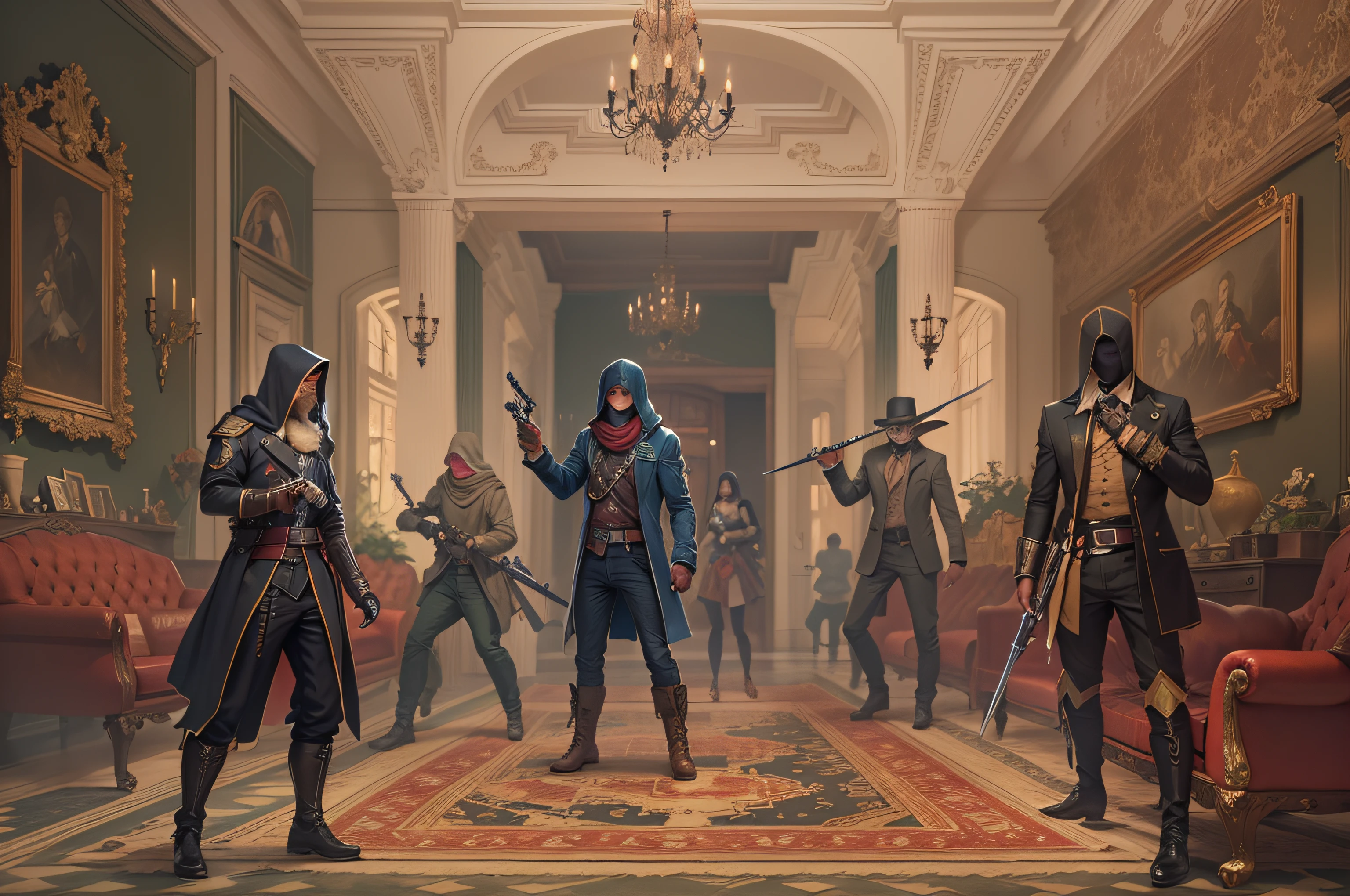 a group of assassins infiltrating a mansion