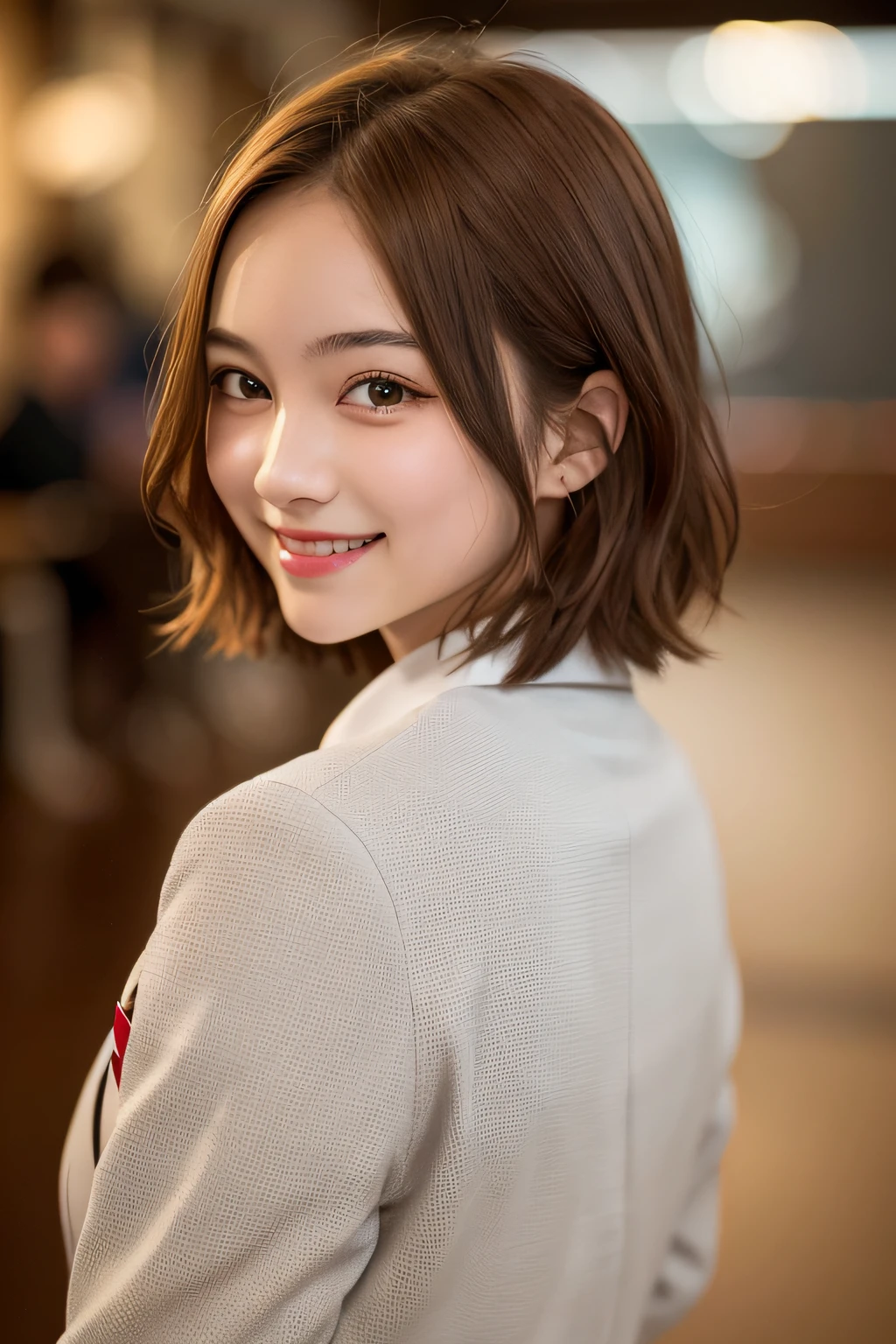 1 girl in、cute little、17 years old、A smile、Party Dresses、a picture、Realistic、top-quality、adopt、A detailed face、Shorthair、Emerald Earrings、cafes、细致背景、diffuse lighting、bokeh feeling