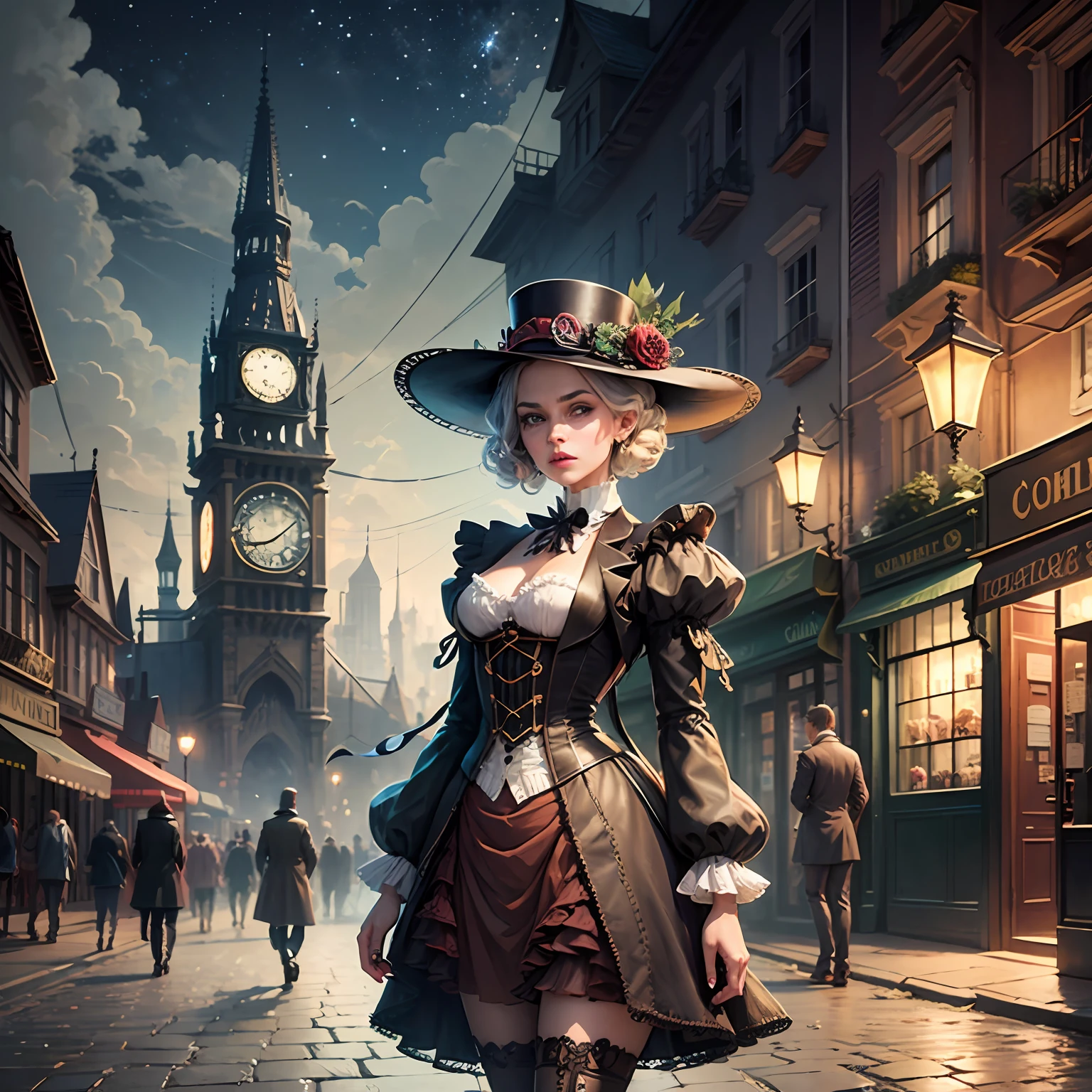 Uma imagem de um investigador steampunk, vestido com um elegante e intrigante traje de detetive steampunk, Unraveling mysteries in a whimsical and elaborate Victorian-steampunk cityscape at night. A cena combina o charme da era vitoriana com elementos steampunk imaginativos. --auto --s2
