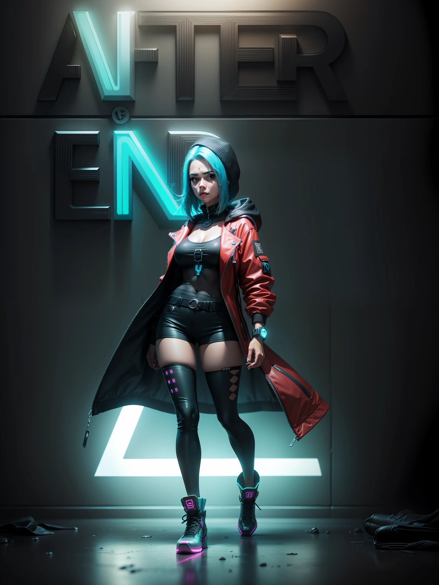 "Logo tipo 3D, arte neon, personagem feminina em estilo cyberpunk."