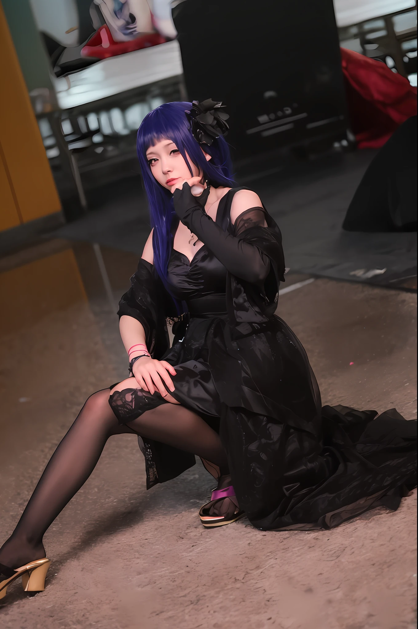 there is a woman in a black dress sitting on the floor, elegant glamourous cosplay, Anime girl cosplay, rpgmaker, Anime cosplay, glamourous cosplay, cosplay foto, black and violet costume, cosplay, hot topic anime convention, wearing a gothic dress,publicity cosplay