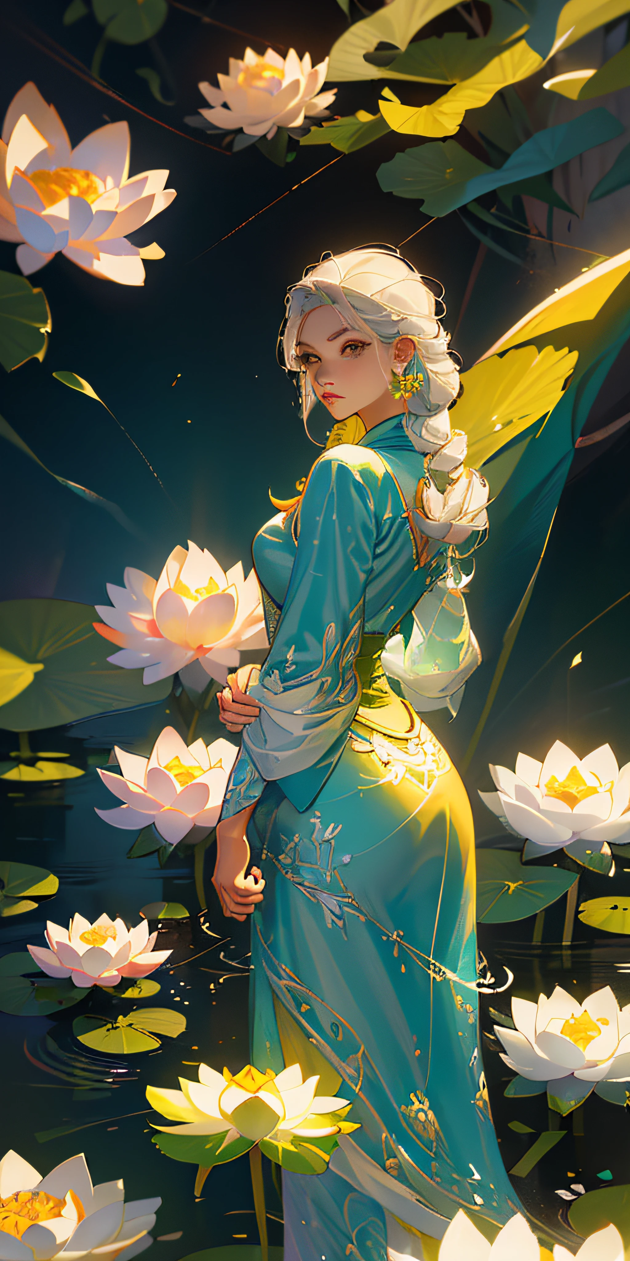 (melhor qualidade, obra-prima), 1 menina, pose, Particle, vento, flor, lotuses, lotus flowers, parte superior do corpo, fundo simples, olhar para o espectador, foco no rosto, cabelo prateado, olhar penetrante, colar, cabelo solto, vestido branco, arte fractal, mandala, hiper detalhado, detalhes