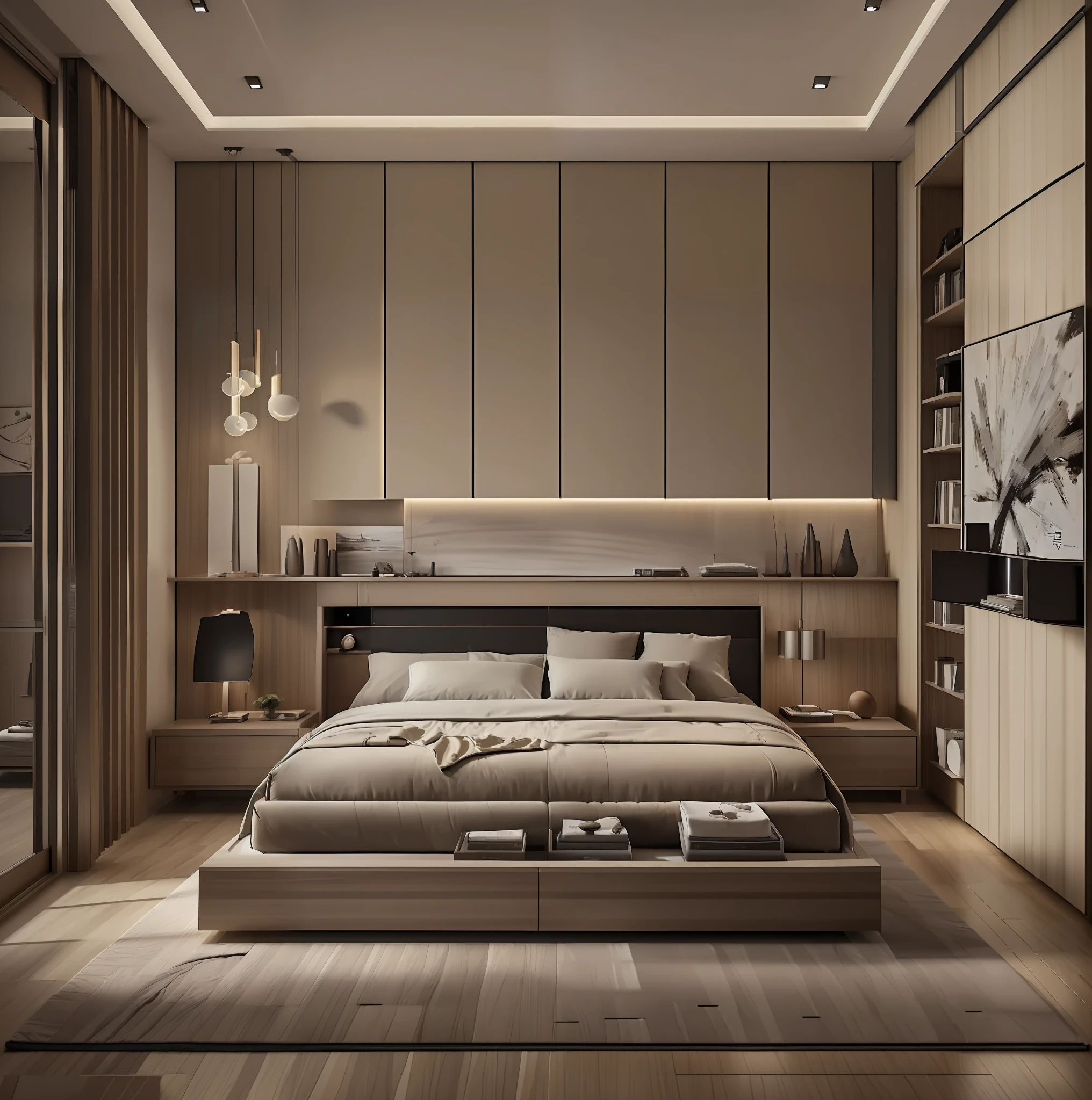 "((Best quality, 8k, Masterpiece :1.3)), ((minimalist bedroom with 1 abtract poster on head bed)), by japandi style, cinematic lighting, light and shadow from the glass door,