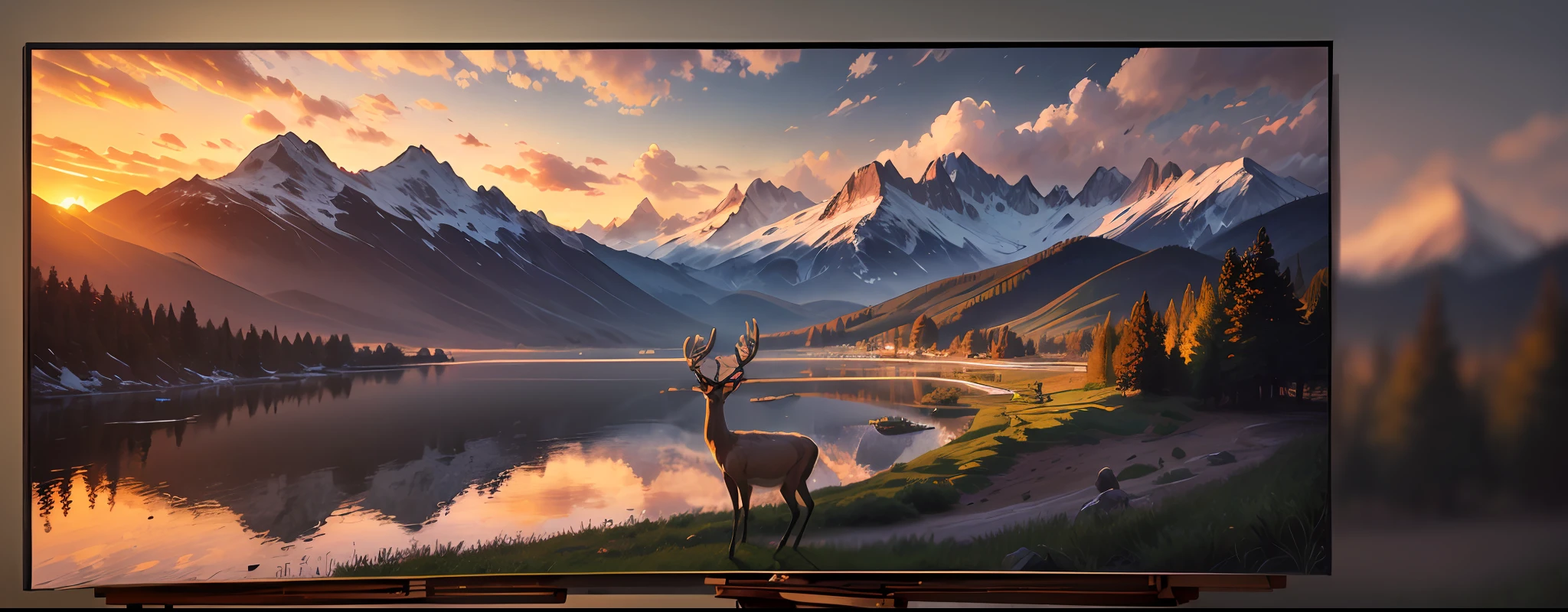 Artwork, masterpiece, painting, impressionism. Monet, van gogh, most beautiful image in the world, awe-inspiring, sunset with mountains in the distance and a plain and a deer with large and majestic antler, orange and blue and purple twilight light, hdr, wide angle, long exposure, rule of thirds --auto