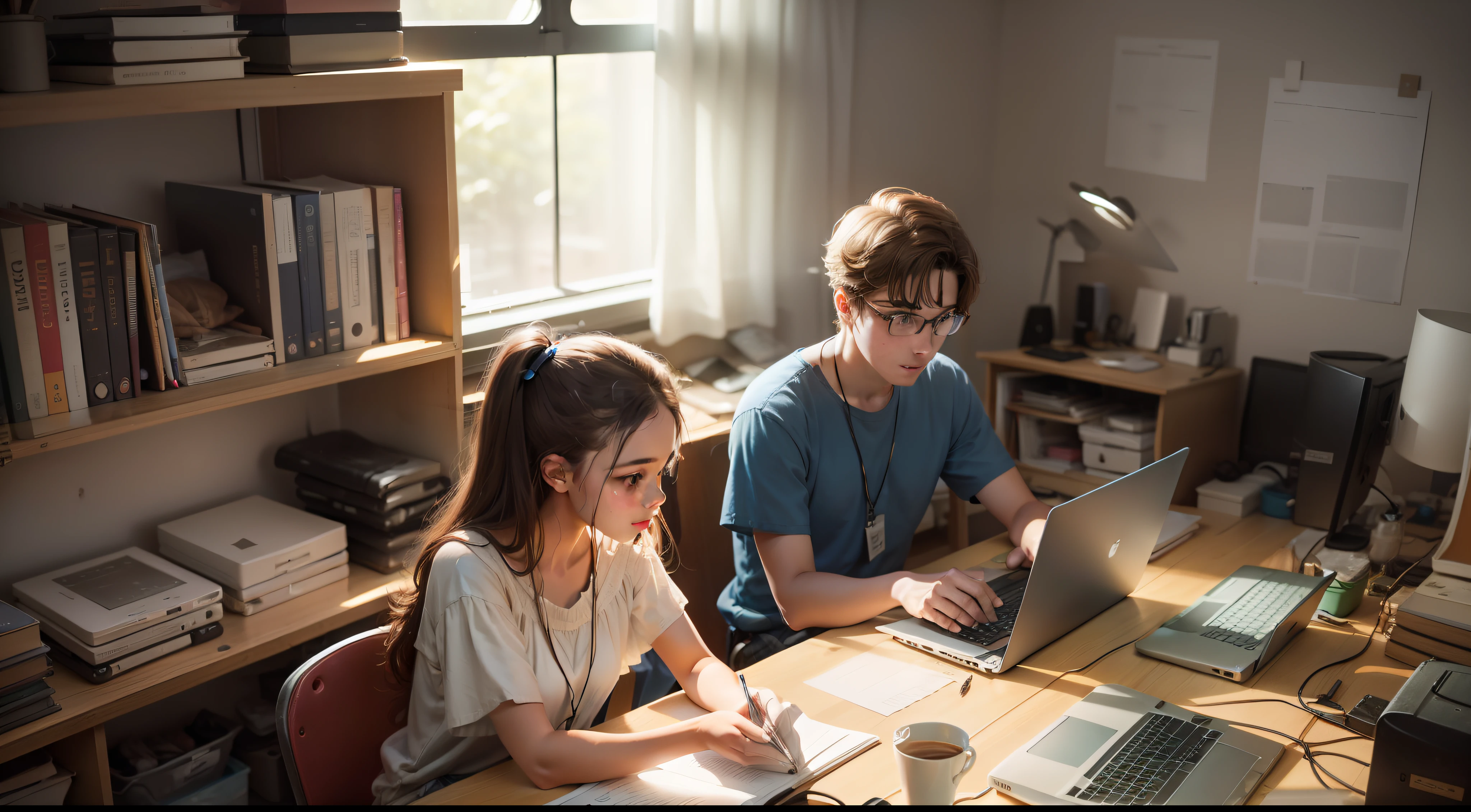 A 20-year-old girl, 26 year old boy, working on an old laptop, in a small, dark room.