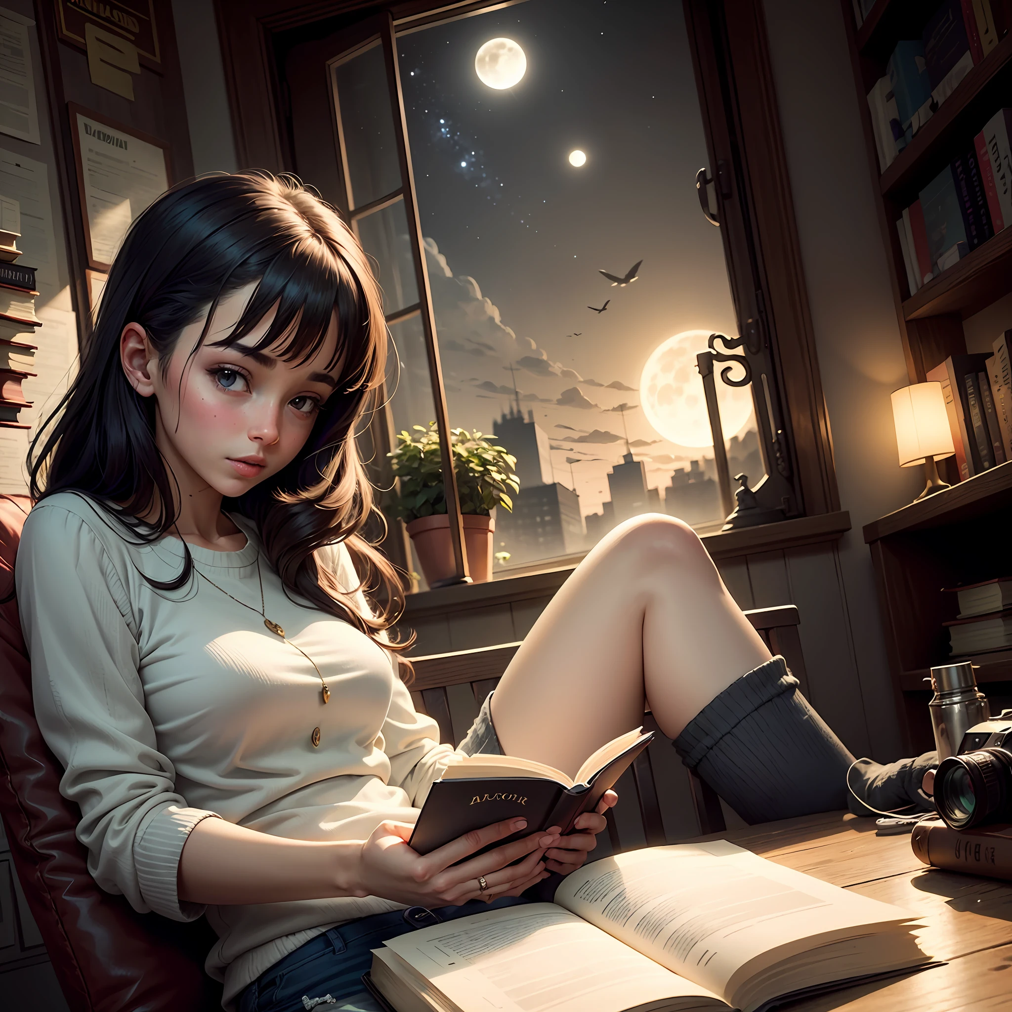 The place is a giant library, camera vista de baixo, sobras perfeitas, imagem perfeita, a girl is reading a book, You can see the moon from the window --auto