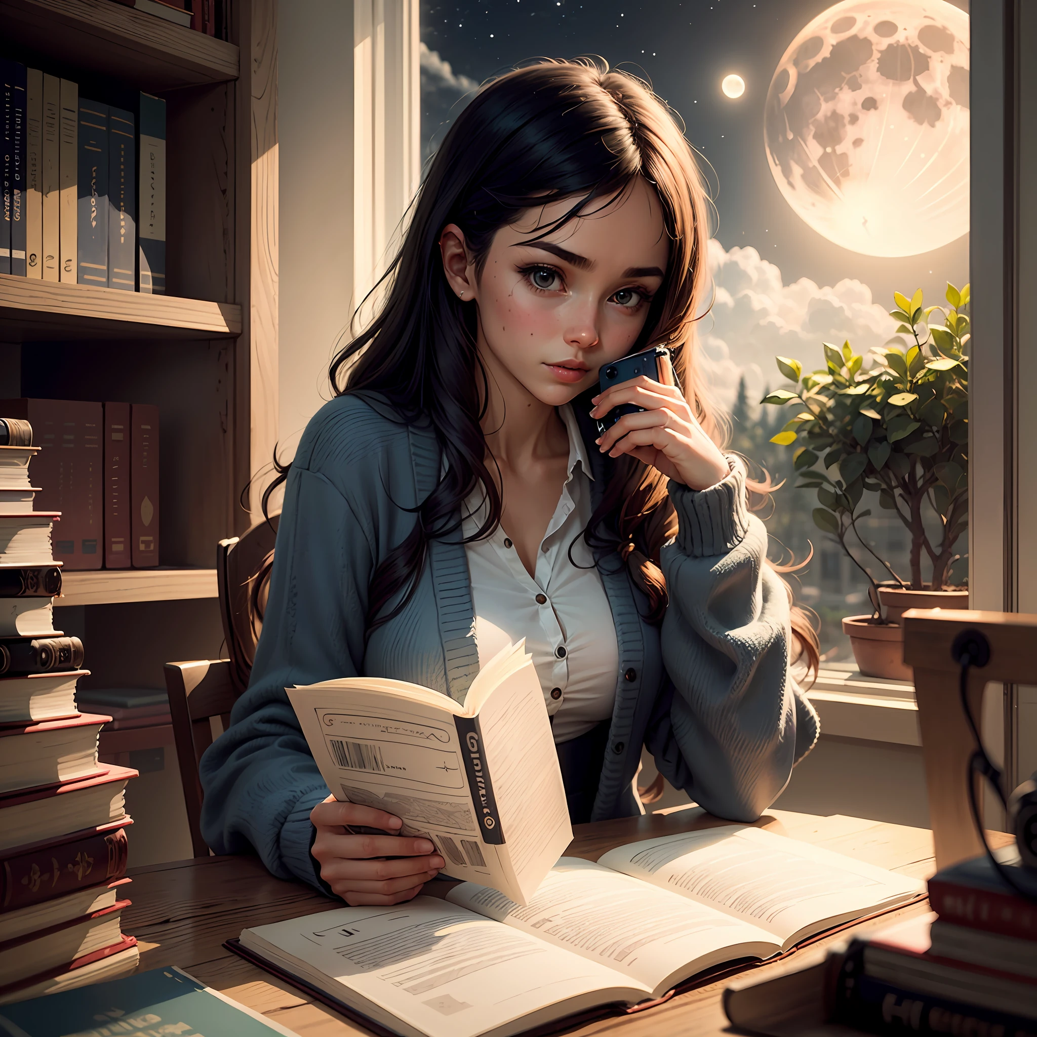 The place is a giant library, camera vista de baixo, sobras perfeitas, imagem perfeita, a girl is reading a book, You can see the moon from the window --auto