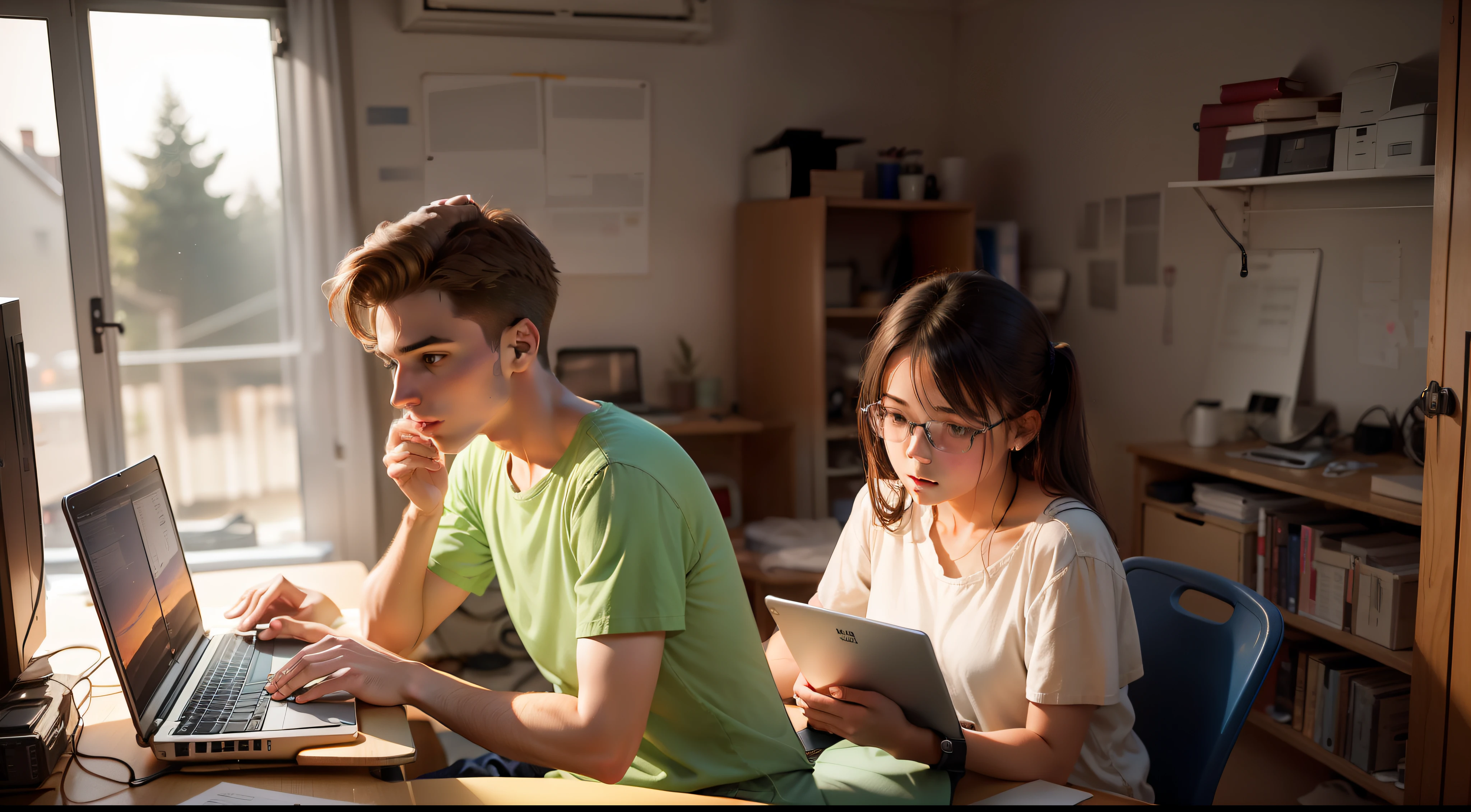 A 20-year-old girl, 26 year old boy, working on an old laptop, in a small, dark room.