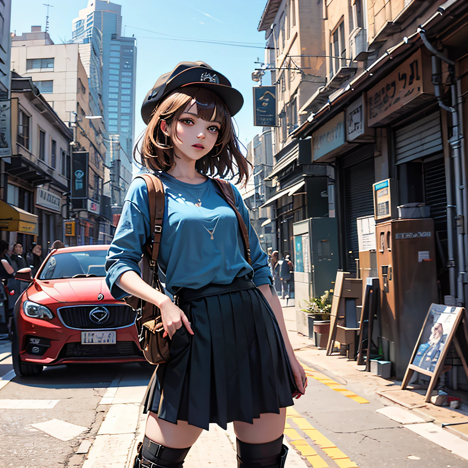 cartoon, girl, brown-hair, holding controller, blue shirt, black paid skirt. --auto
