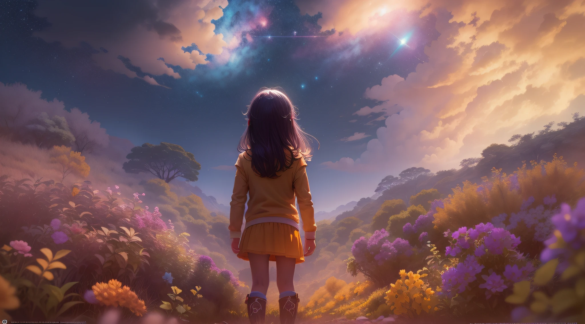 Fotografia de paisagem expansiva, (View from below with a view of the sky and desert below), Children standing in a field of flowers looking up, (lua cheia: 1.2), (estrela cadente: 0.9), (nebulosa: 1.3), montanha distante, tree breaking production art, (fonte de luz quente: 1.2), (vagalume: 1.2), bulb, roxo e laranja, detalhe intrincado, volume lighting BREAK (obra-prima: 1.2), (mais alta qualidade), 4k, ultra-detalhado, (Dynamic configuration: 1.4), detalhes altamente detalhados e coloridos (iridescente: 1.2), (Sparkling lighting, Atmospheric Illumination), sonhador, magica, (solo: 1.2)
