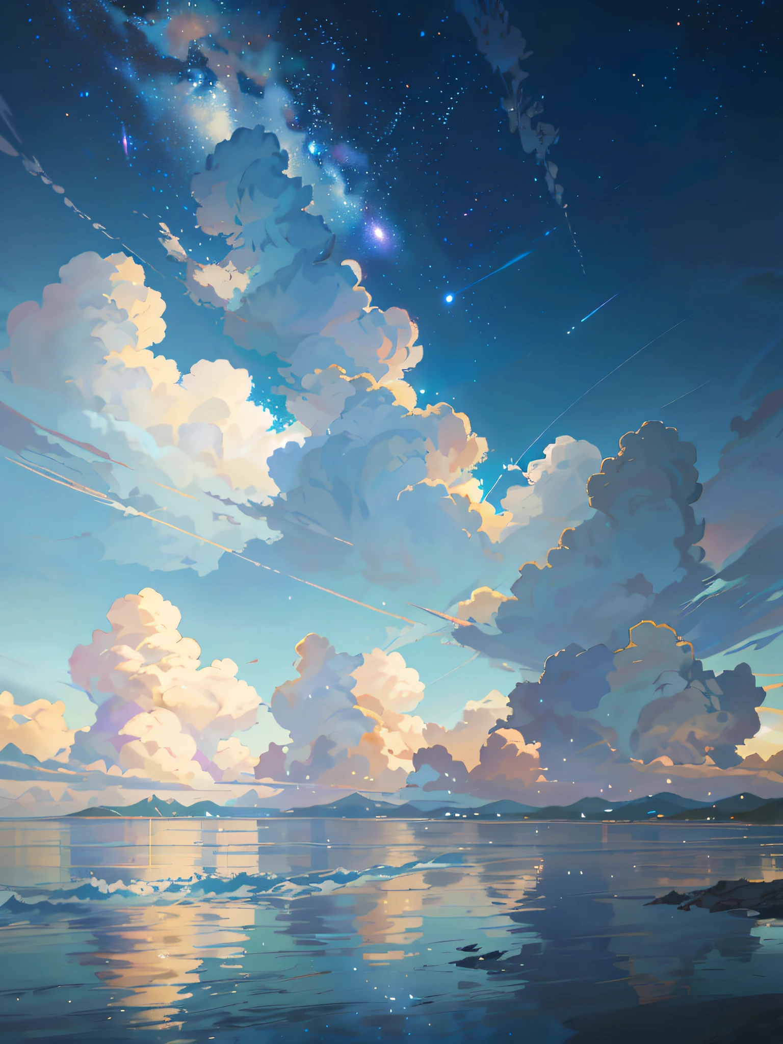There is a picture of the sky with clouds and stars, space sky. By Makoto Shinkai, Anime Sky, Anime Clouds, Blue Sea. Makoto Shinkai, Makoto Shinkai's style, Makoto Shinkai's style, Los Tran. Inspired by the scenic background, Makoto Shinkai, Makoto Shinkai. - H 2160, summer, Makoto Shinkai concept art, tumblr, magical realism, beautiful anime scene, beautiful sky. Makoto Shinkai, ((新海誠)), anime background art, anime background, Makoto Shinkai's style, anime movie background, galaxy express, no human