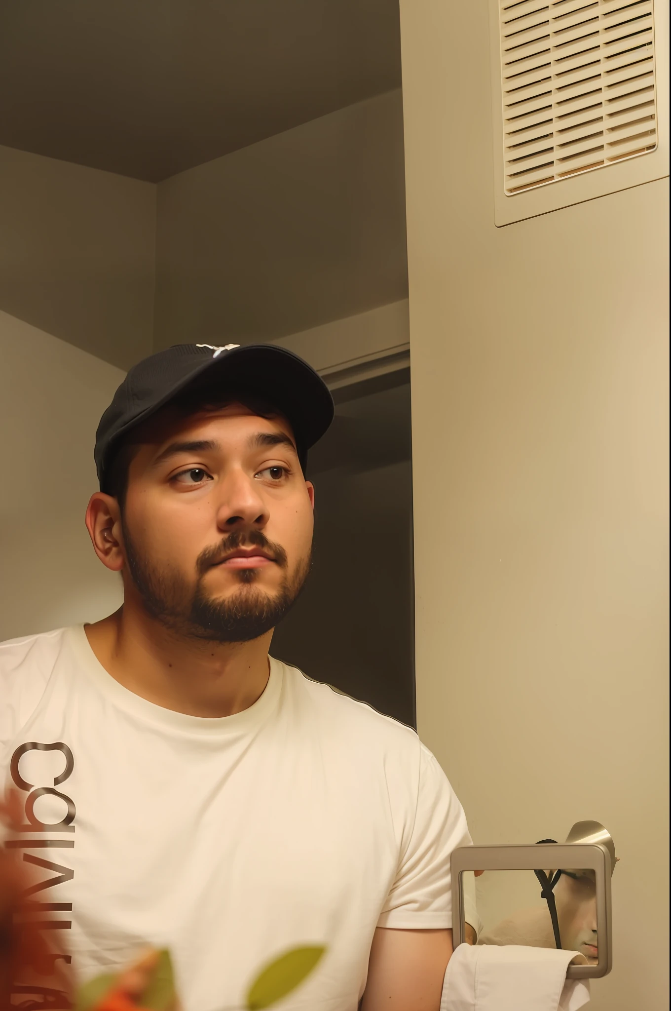 there is a man that is looking in the mirror, looking away from camera, looking to the side off camera, looking away from the camera, hard lighting!, profile shot, taken with canon eos 5 d mark iv, taken with canon 5d mk4, headshot profile picture, looking confused, very very low quality picture, with rap cap on head