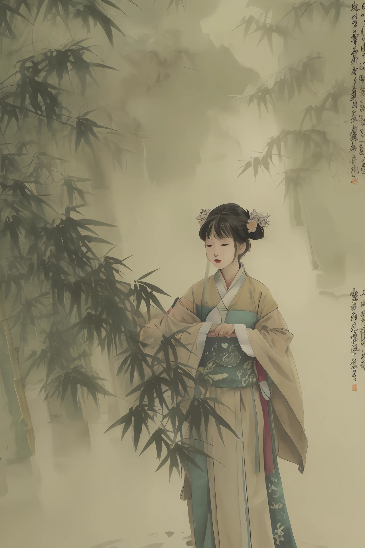 Zhao Jinmai,period costume,bamboo forrest,Water's Edge,Tuan fan,breeze,baiyun
